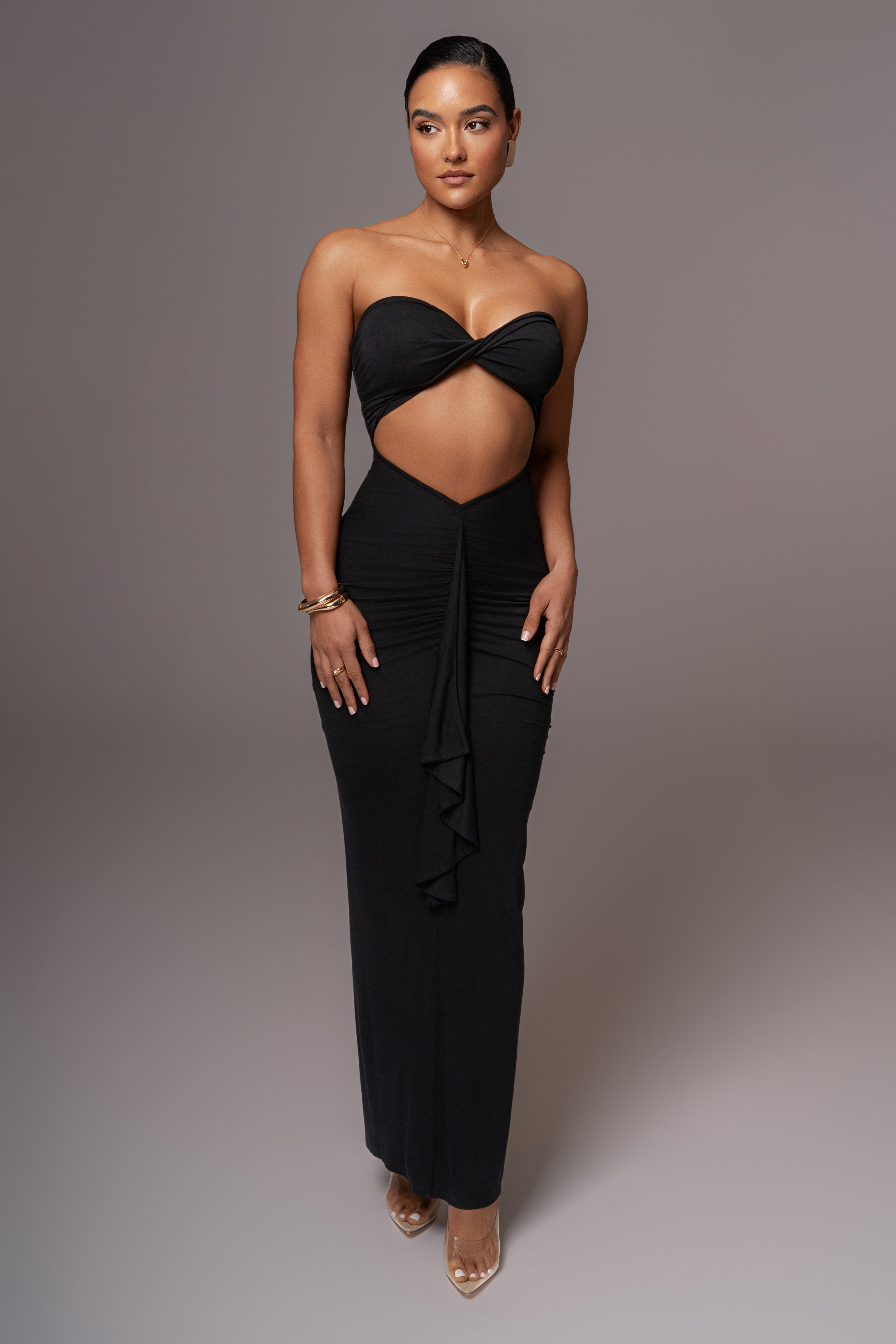 Black Strapless Drape Maxi Dress