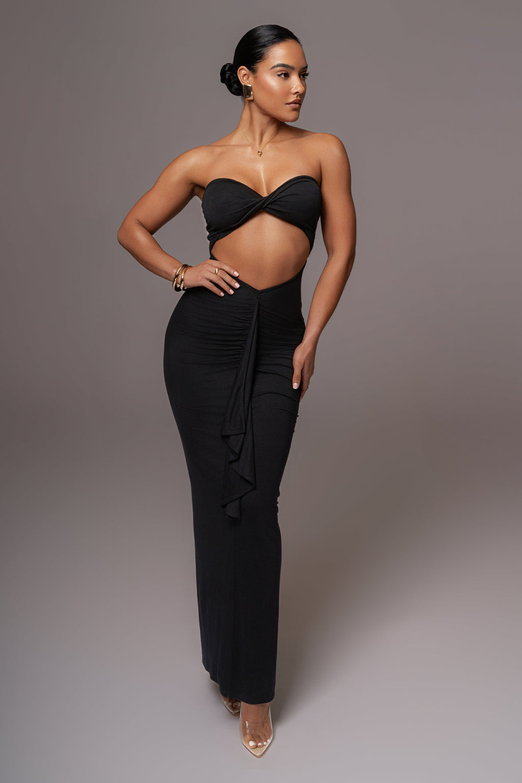 Black Strapless Drape Maxi Dress