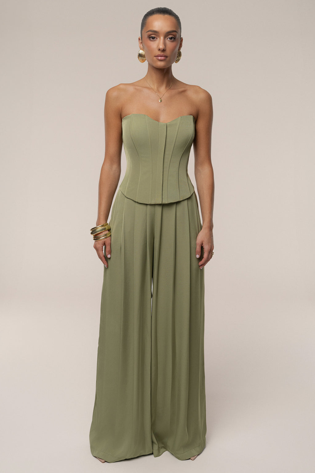Olive Clara Wide Leg Pleated Trousers