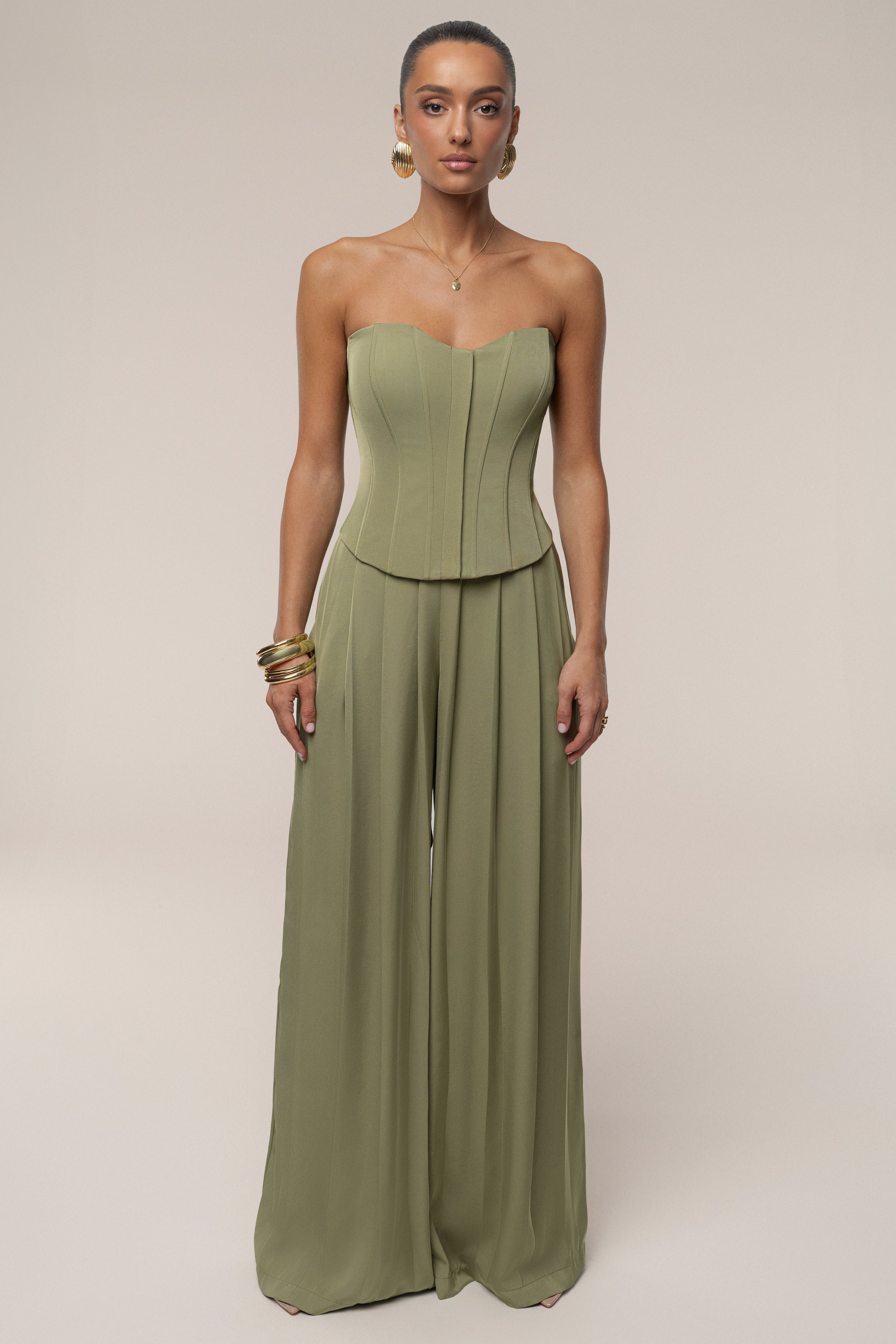 Olive Clara Wide Leg Pleated Trousers