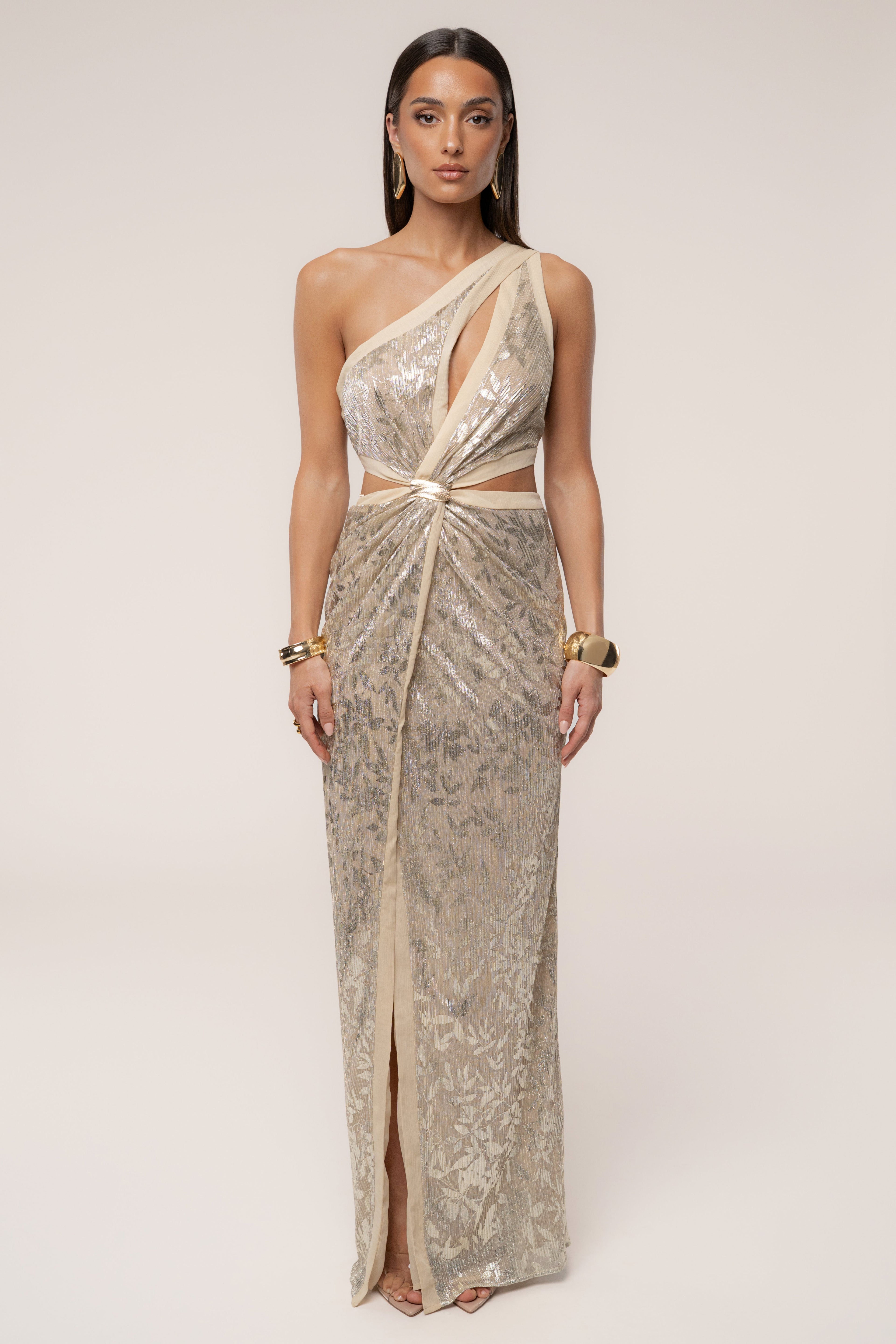 Gold One Shoulder Keyhole Dress