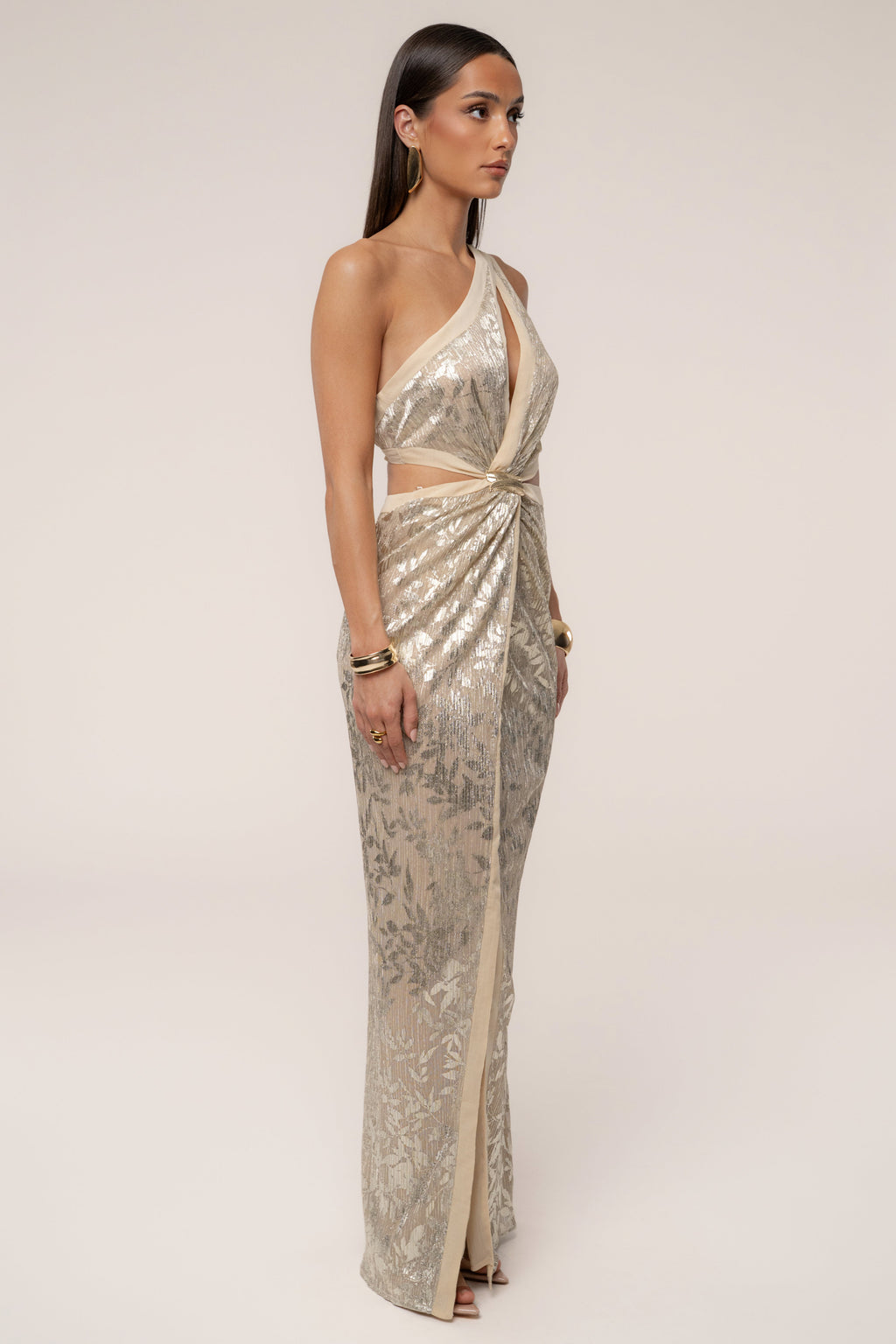 Gold One Shoulder Keyhole Dress