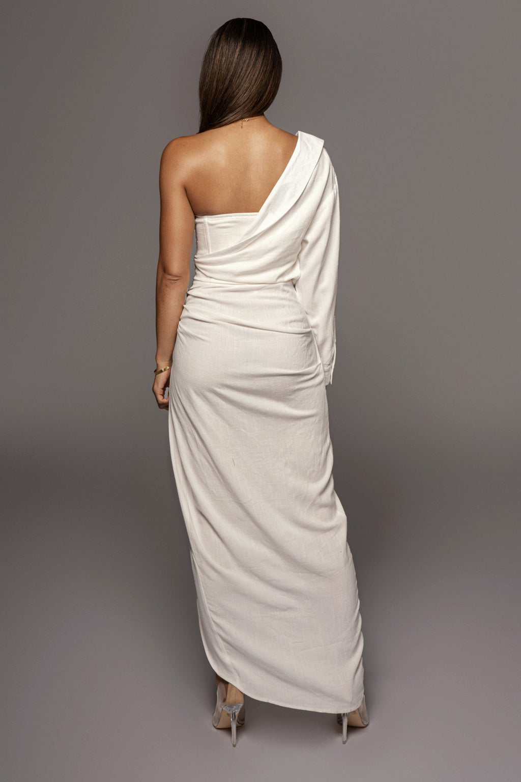 White Evita Linen Draped Dress