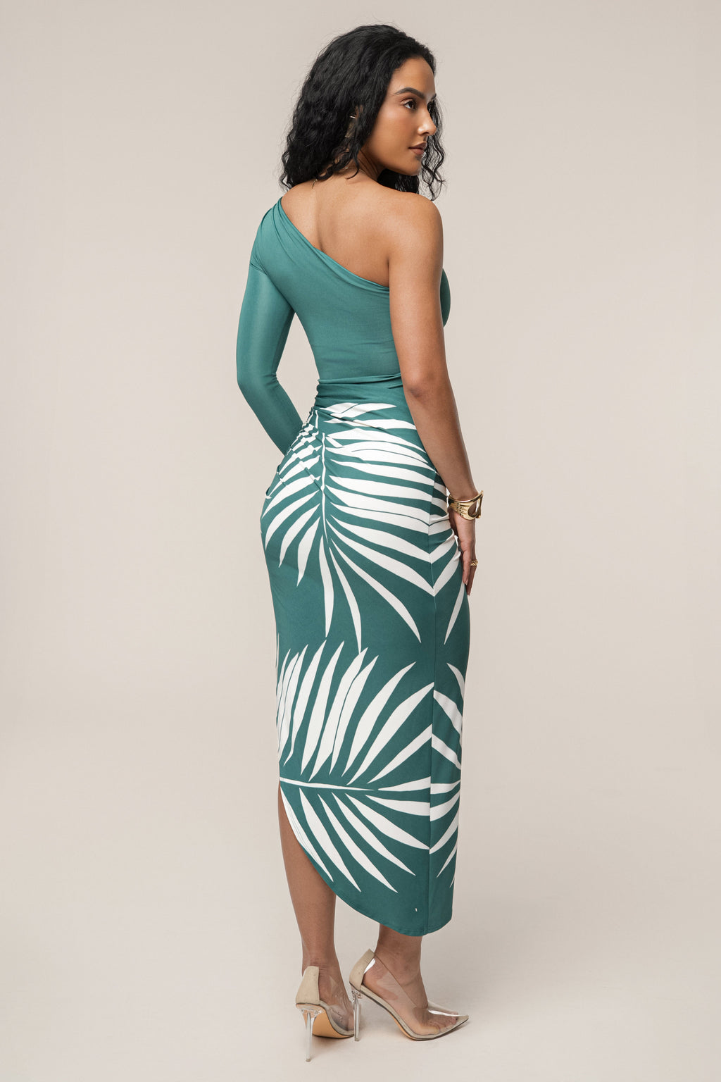 Green One Shoulder Palm Print Dress