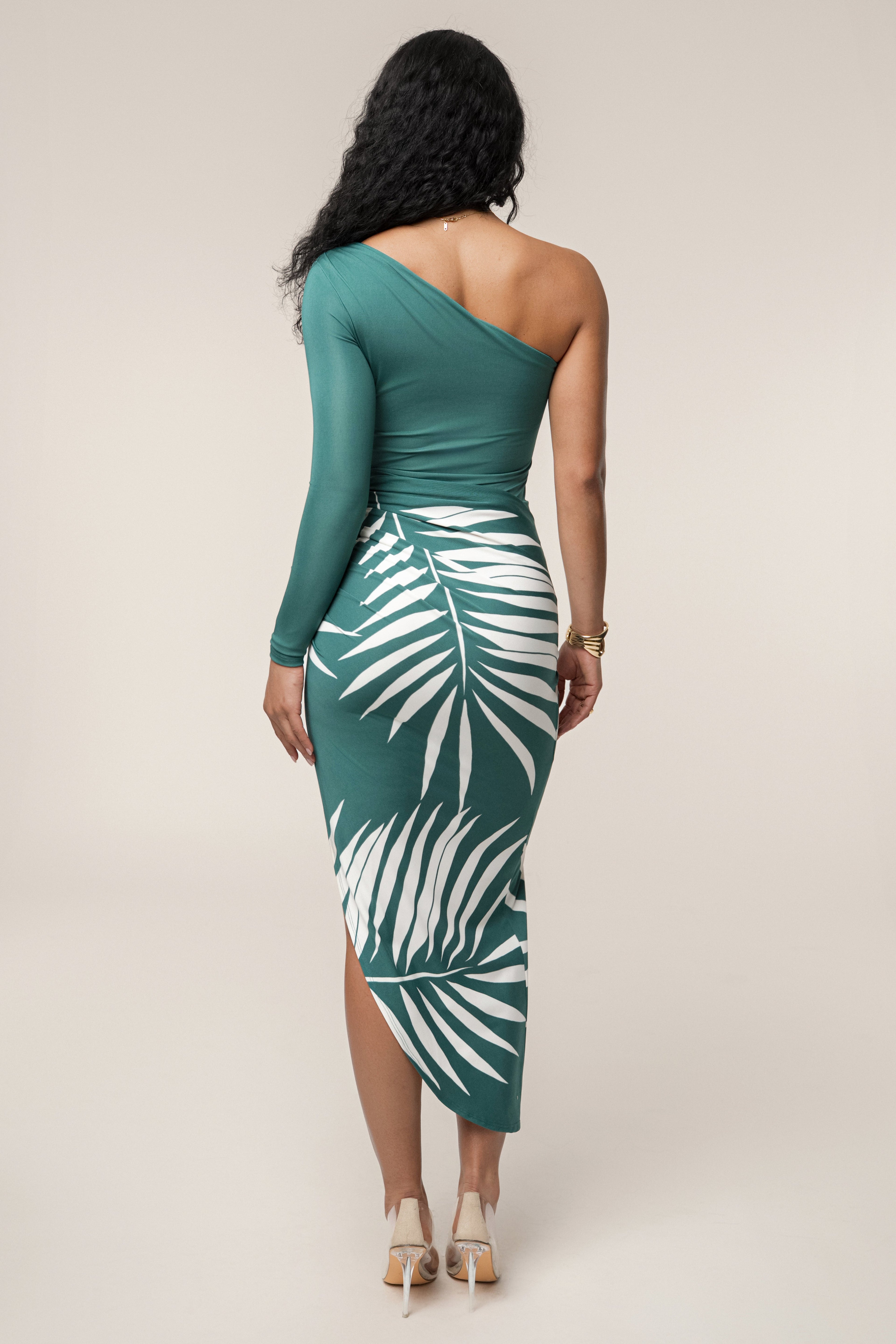 Green One Shoulder Palm Print Dress