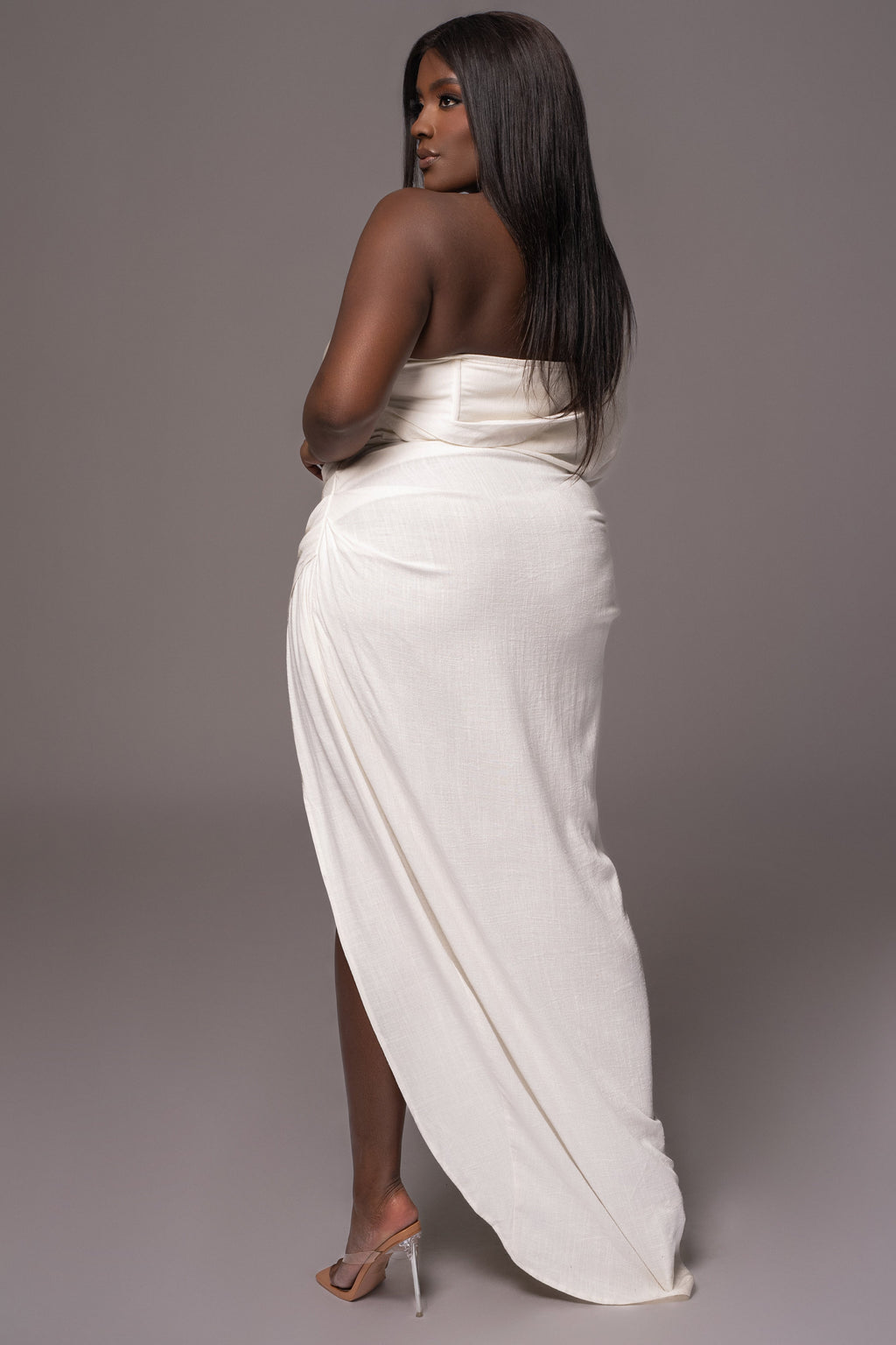 White Evita Linen Draped Dress