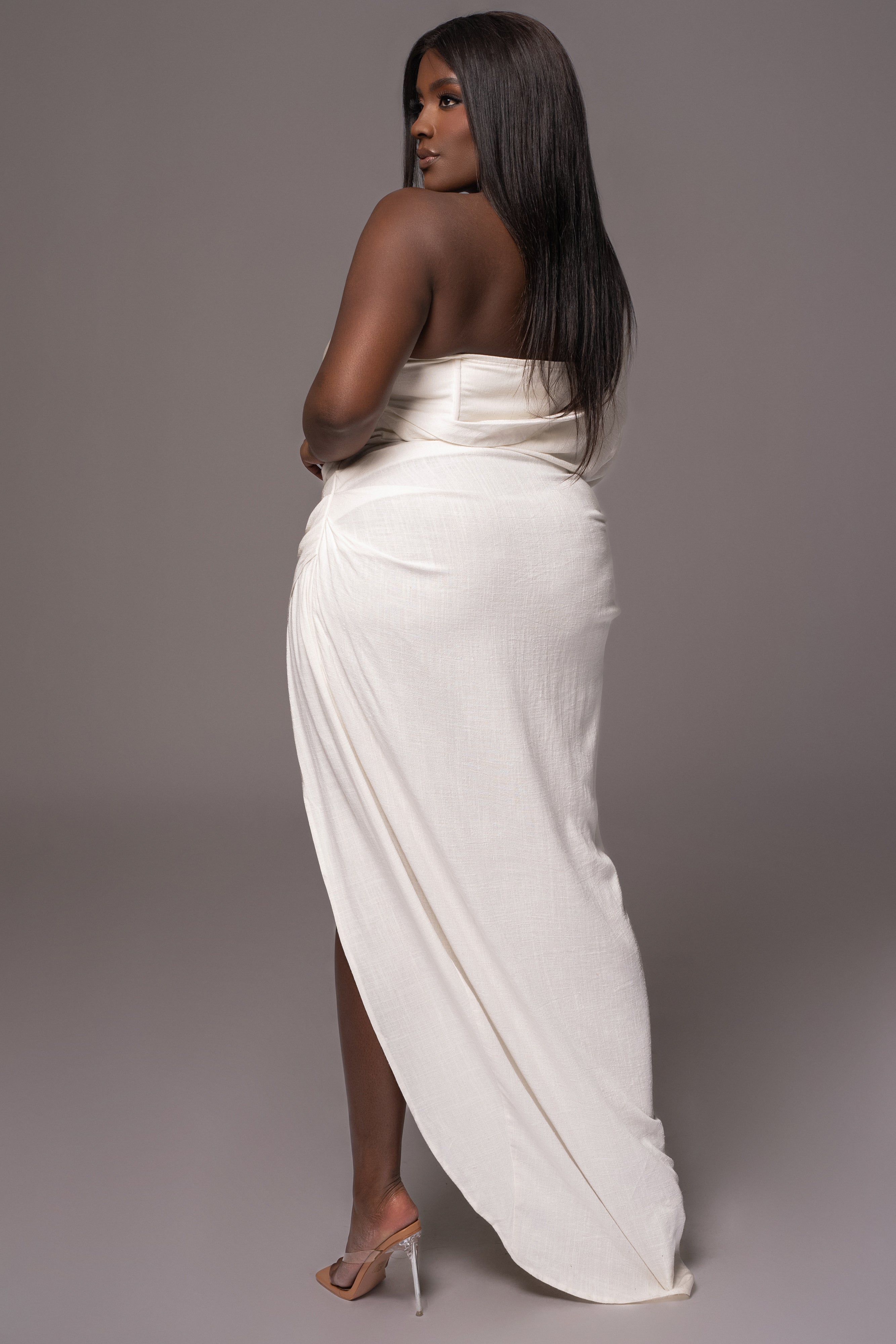 White Evita Linen Draped Dress