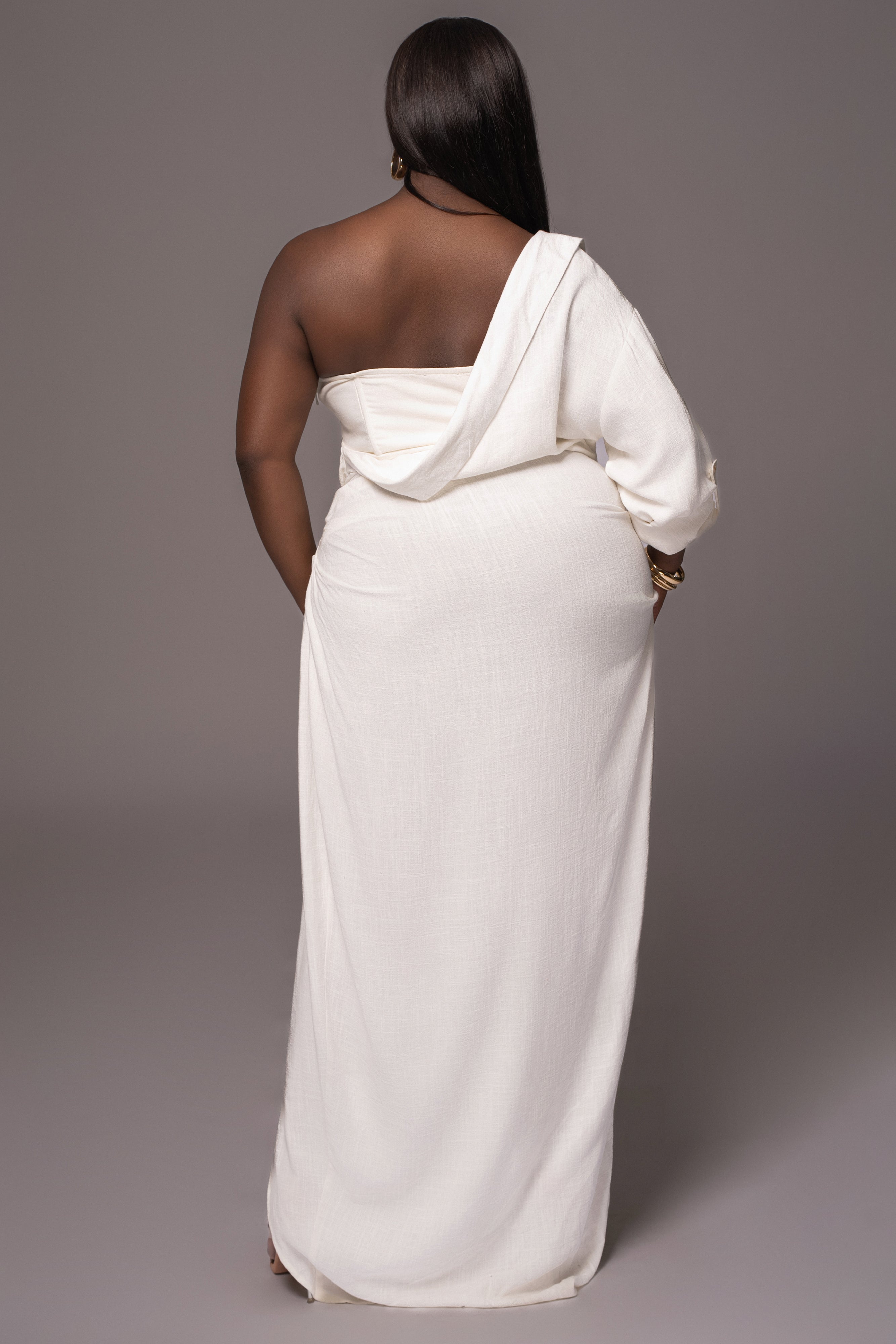 White Evita Linen Draped Dress