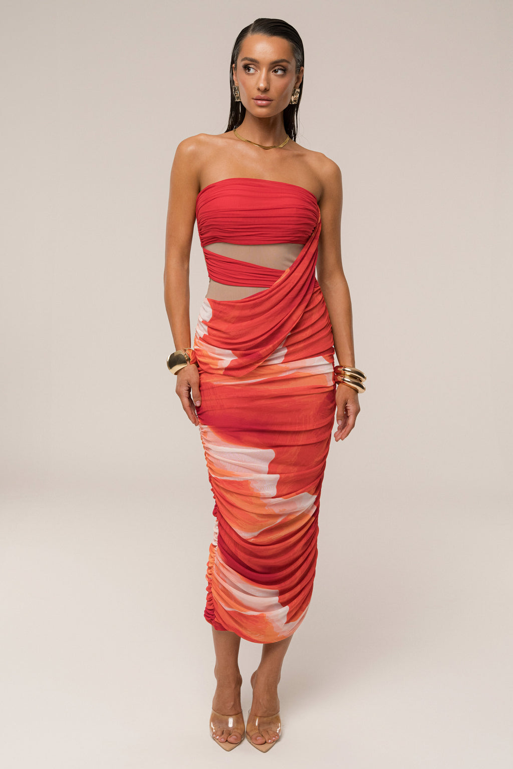 Sunset Red Timeless Form Ruched Midi Dress