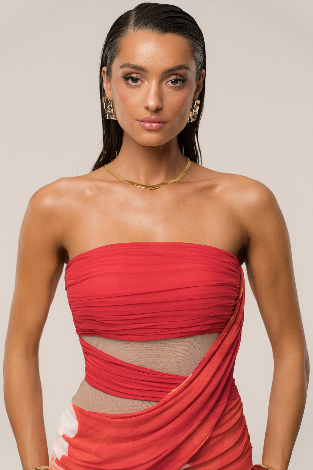 Sunset Red Timeless Form Ruched Midi Dress