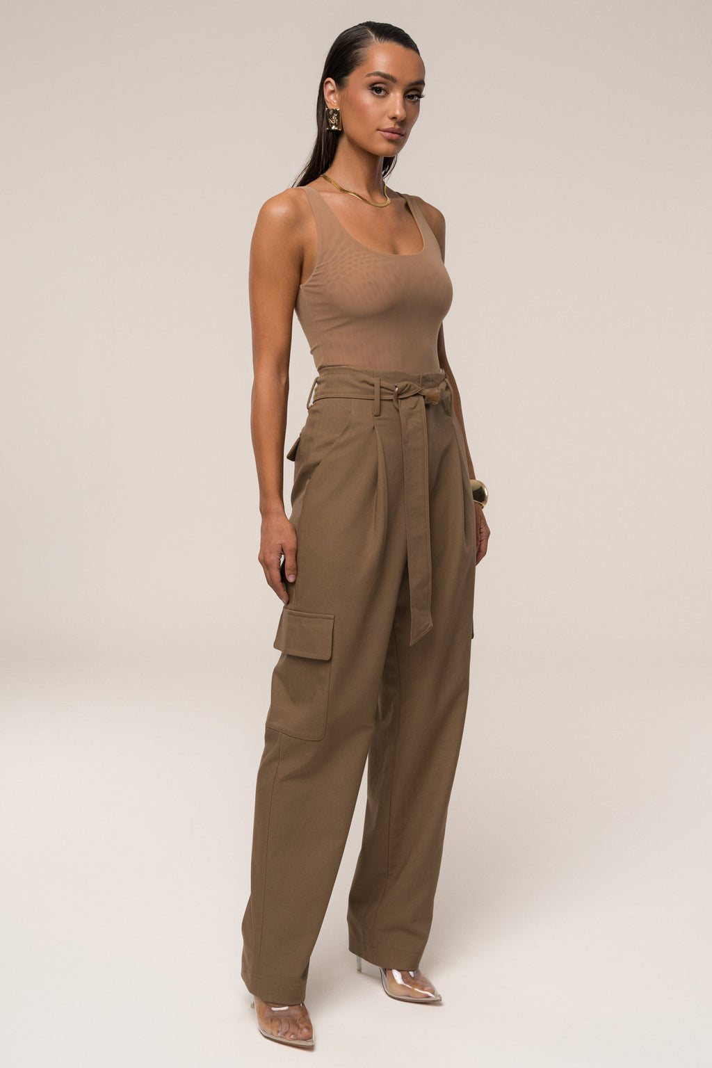Tan Alexis Belted Cargo Pants