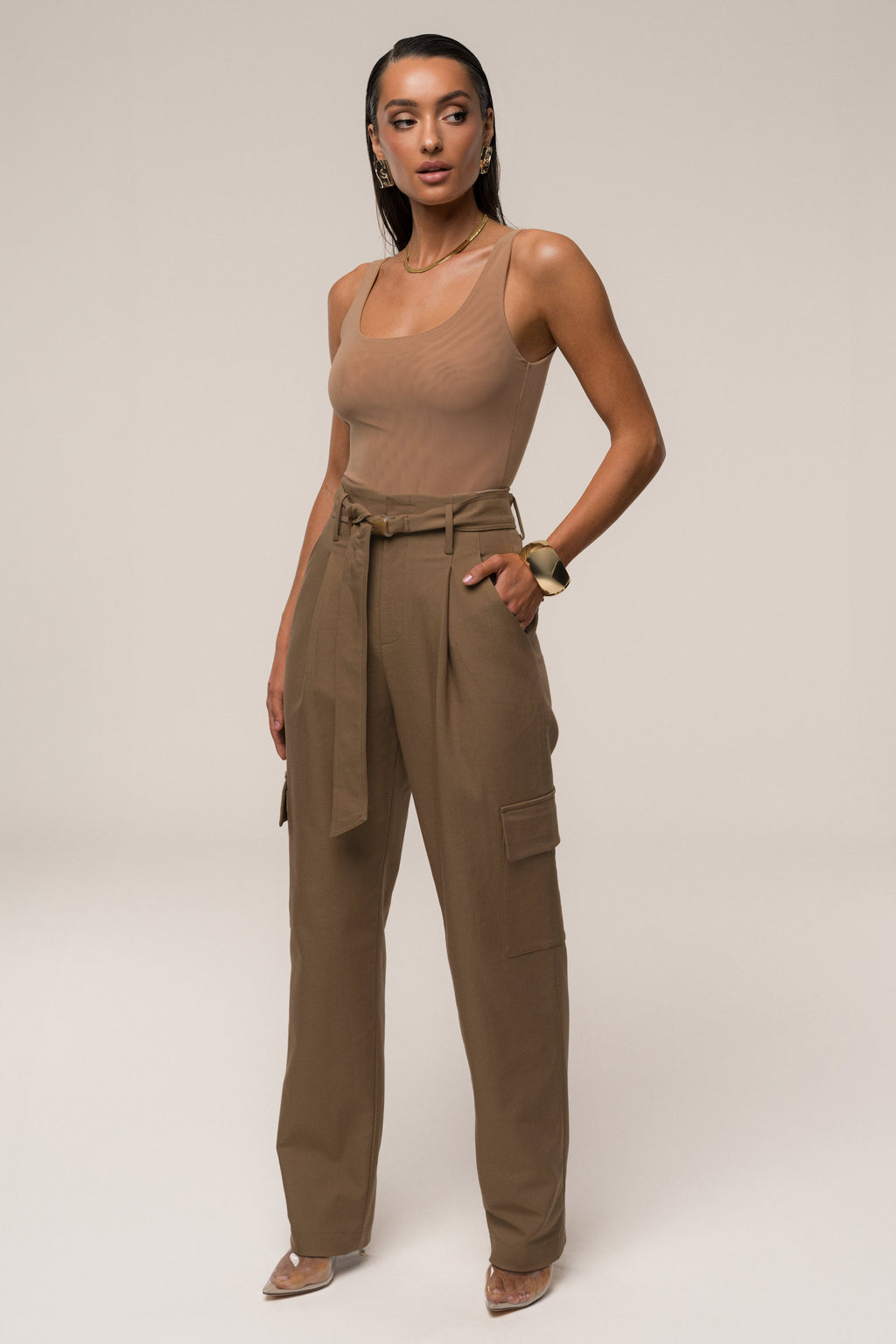 Tan Alexis Belted Cargo Pants