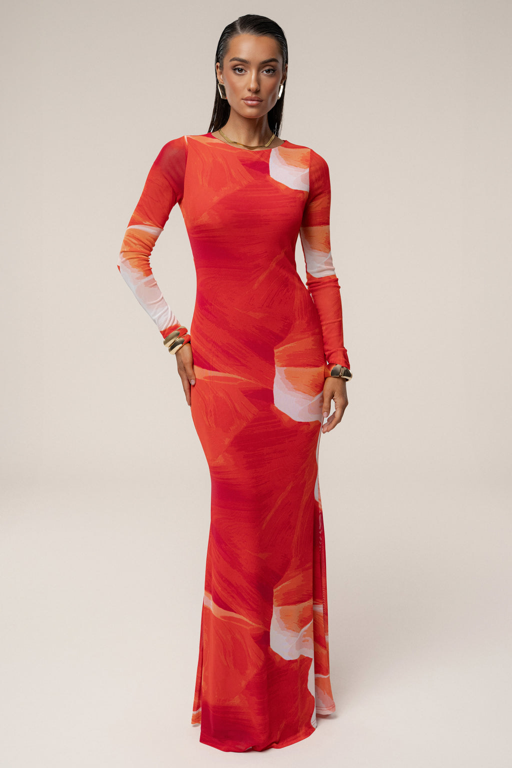 Sunset Red Palms And Sands Mesh Maxi Dress