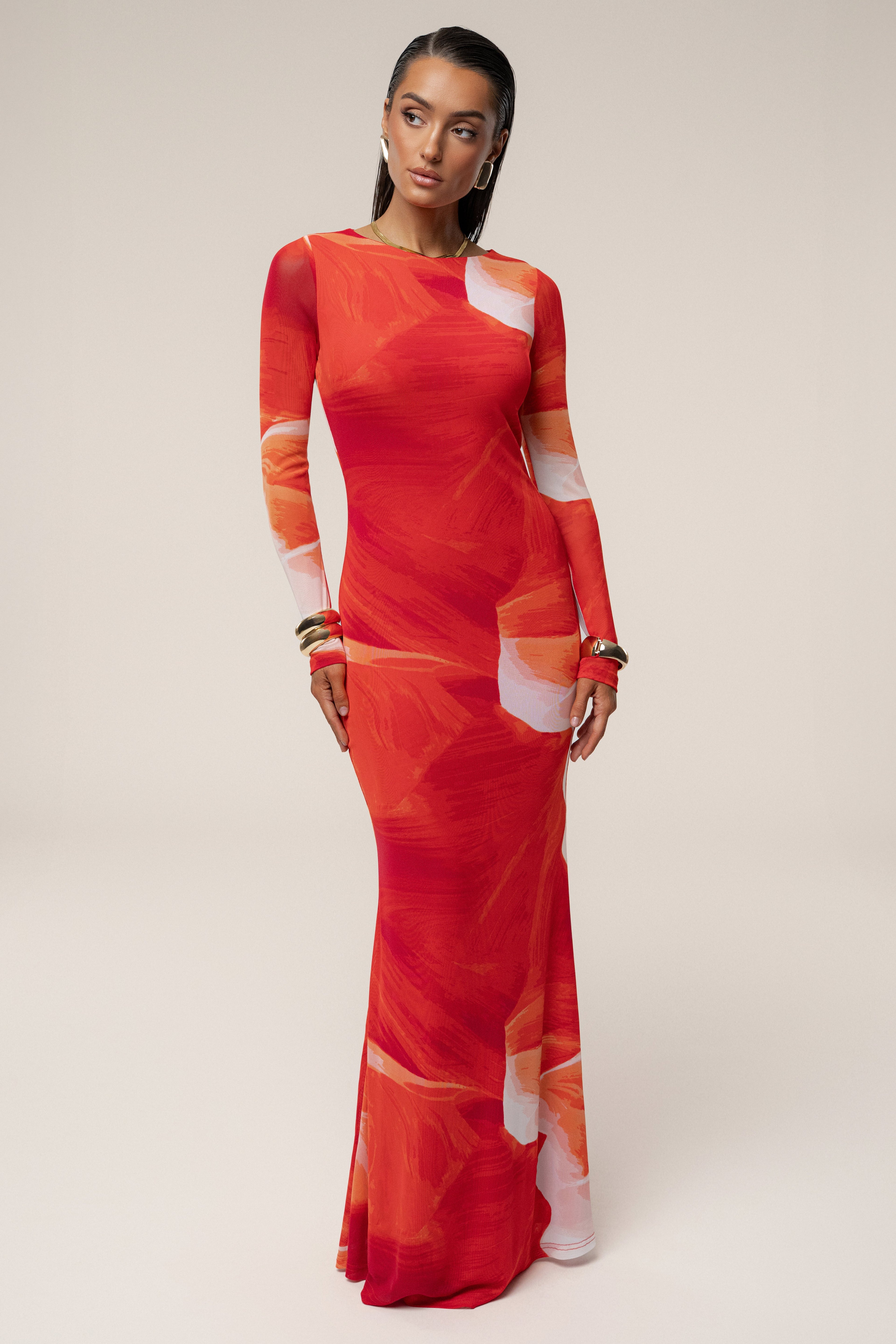 Sunset Red Palms And Sands Mesh Maxi Dress