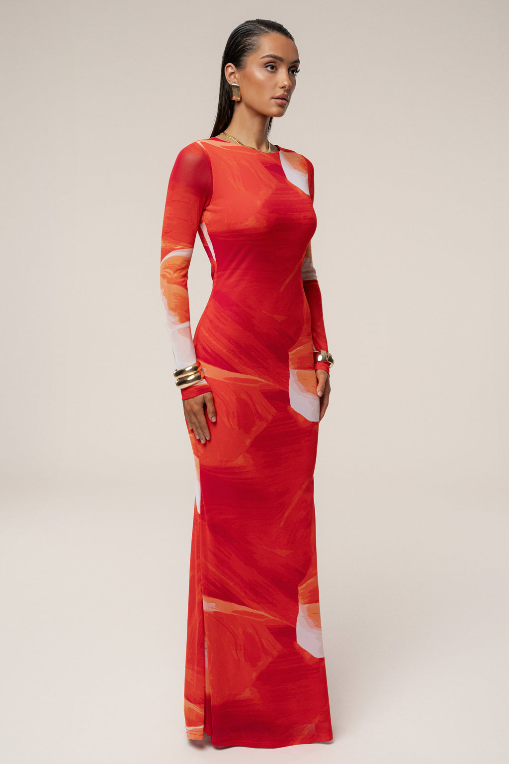 Sunset Red Palms And Sands Mesh Maxi Dress