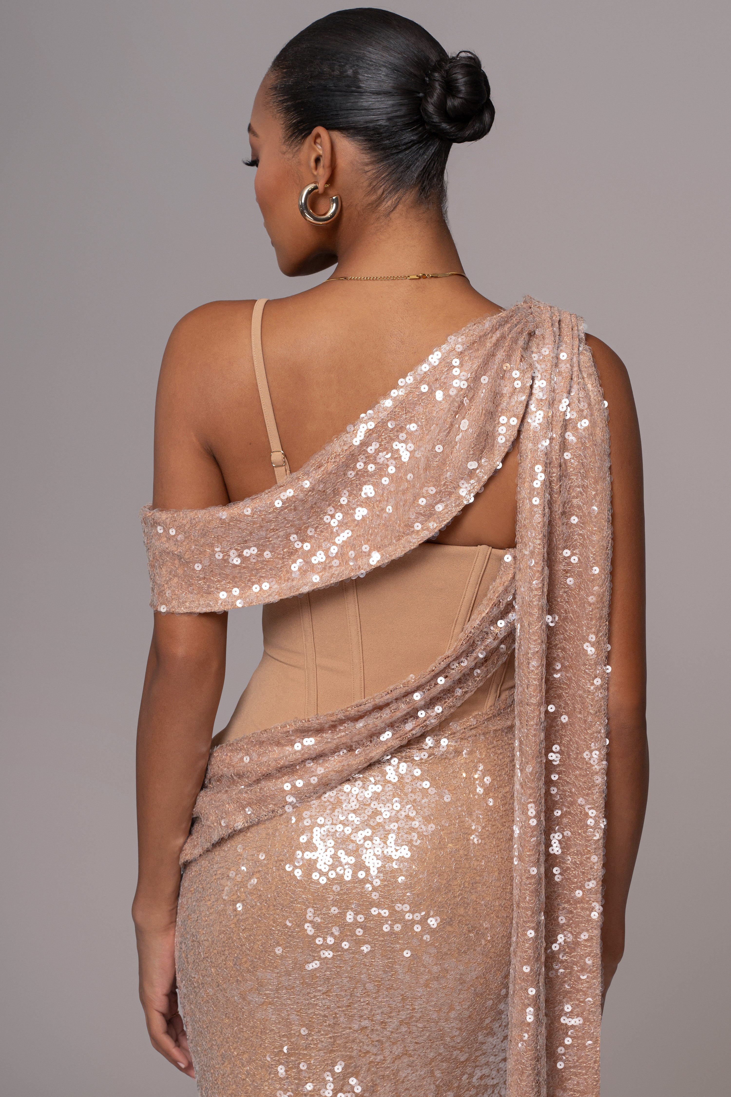 Tan Amani Draped Sequin Maxi Dress
