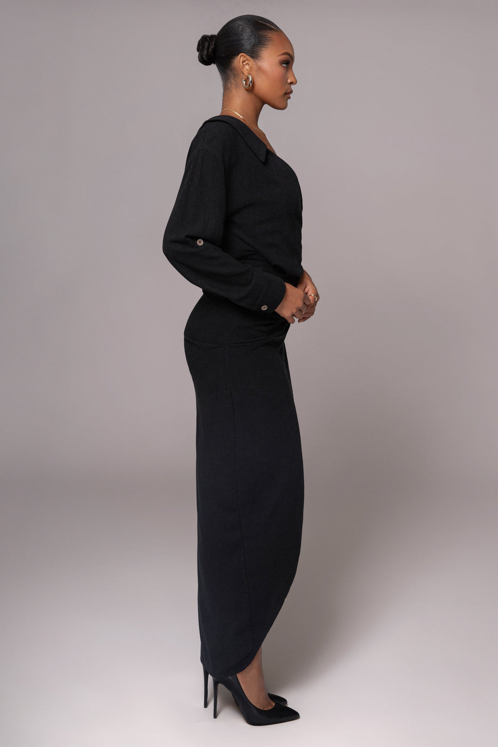 Black Evita Linen Draped Dress