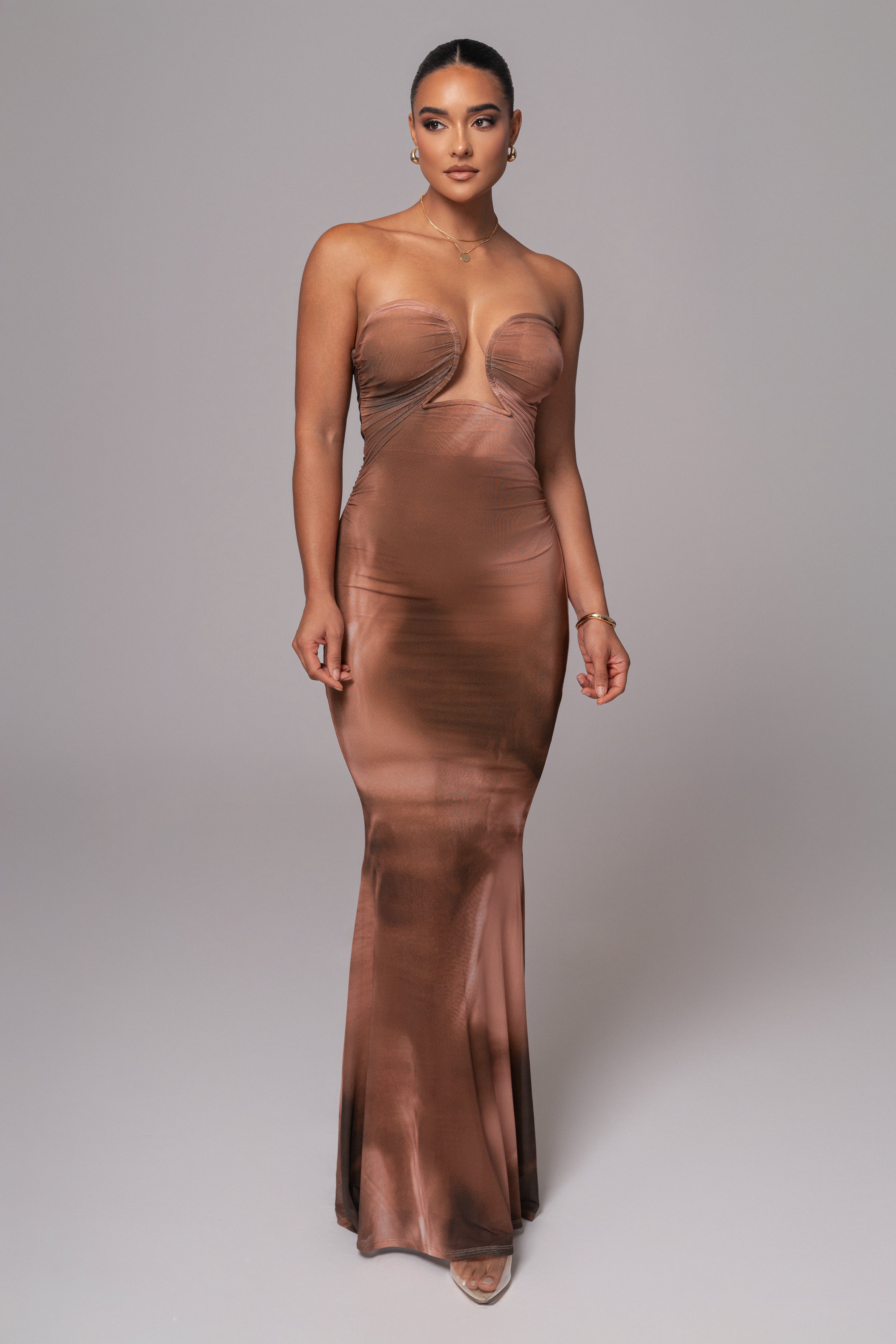 Brown Abstract Bethany Strapless Maxi Dress