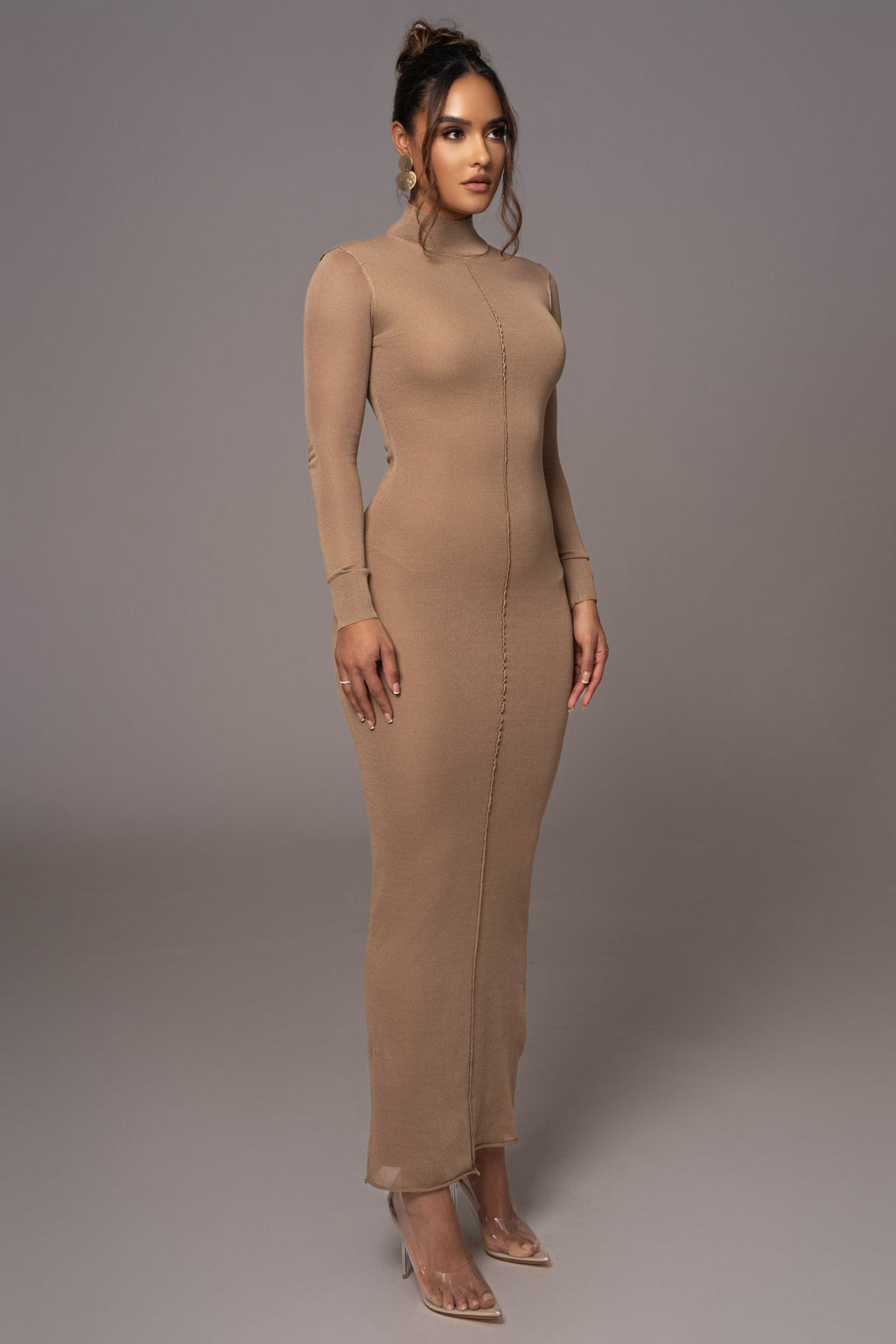 Camel Fame Mock Neck Maxi Dress
