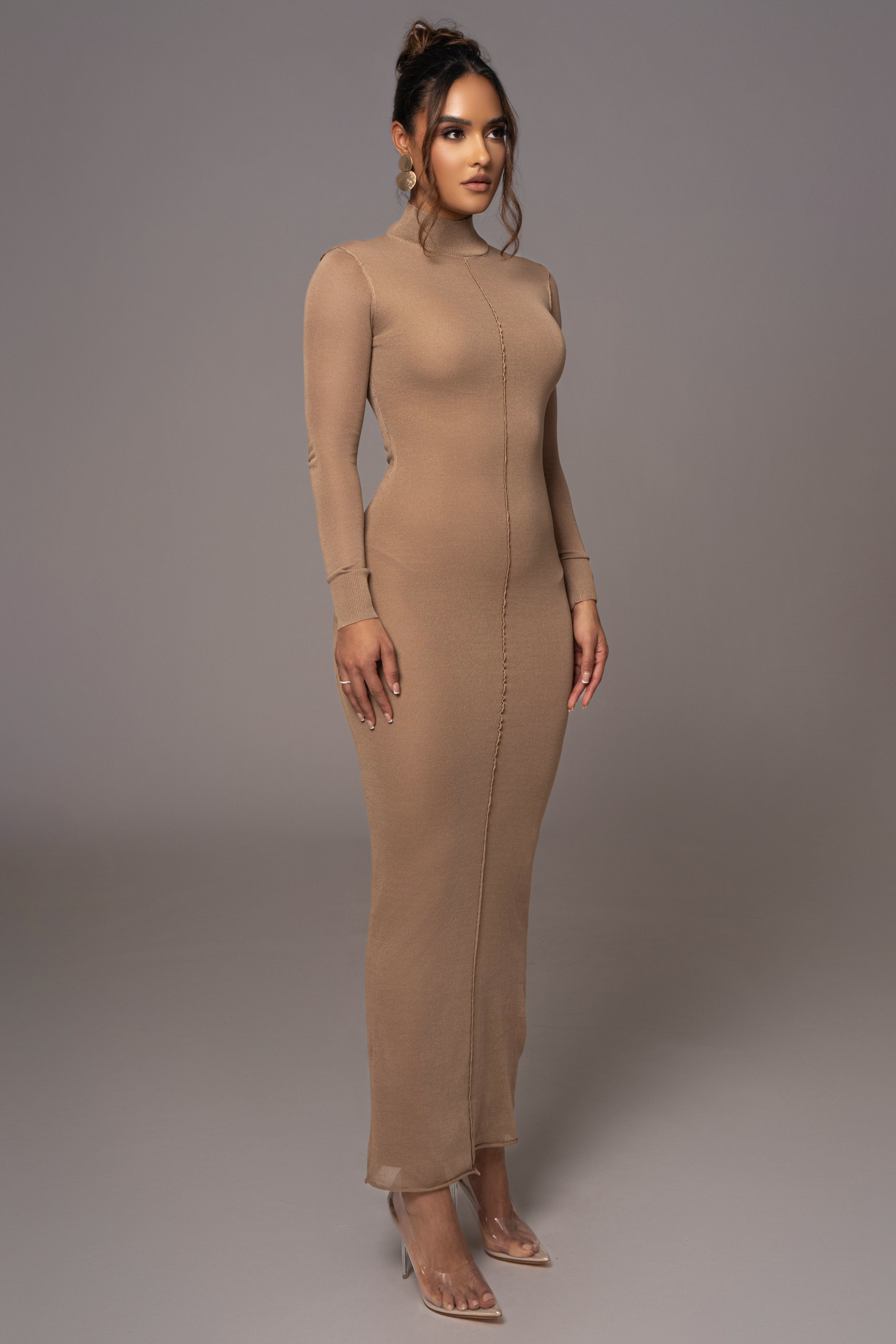 Camel Fame Mock Neck Maxi Dress
