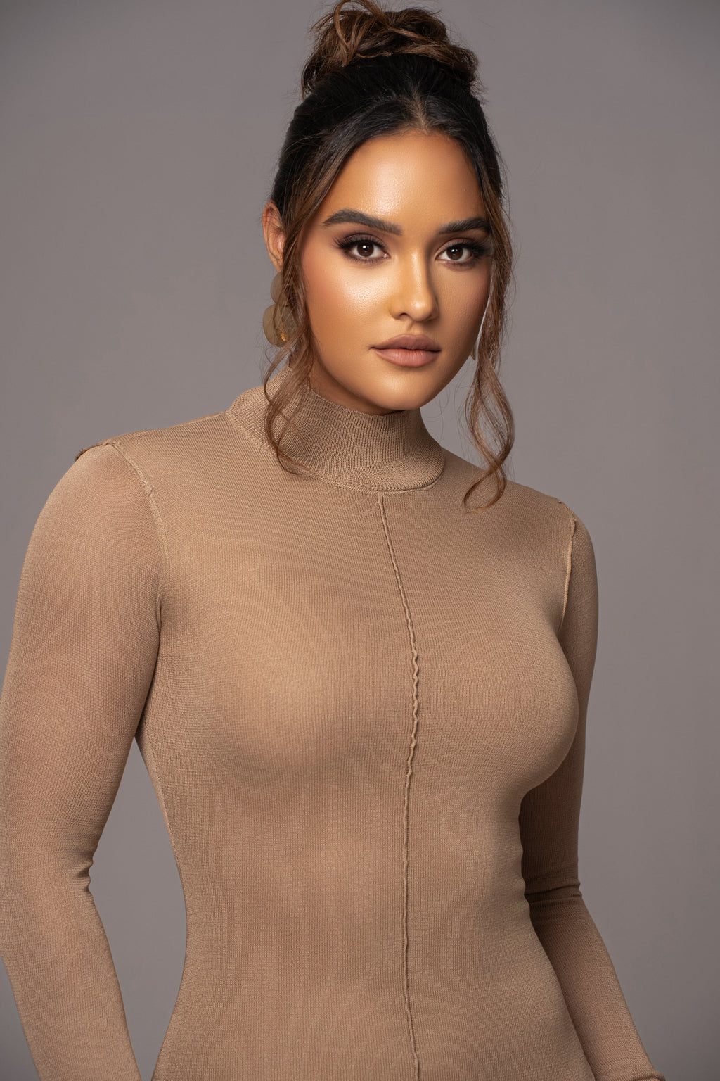 Camel Fame Mock Neck Maxi Dress