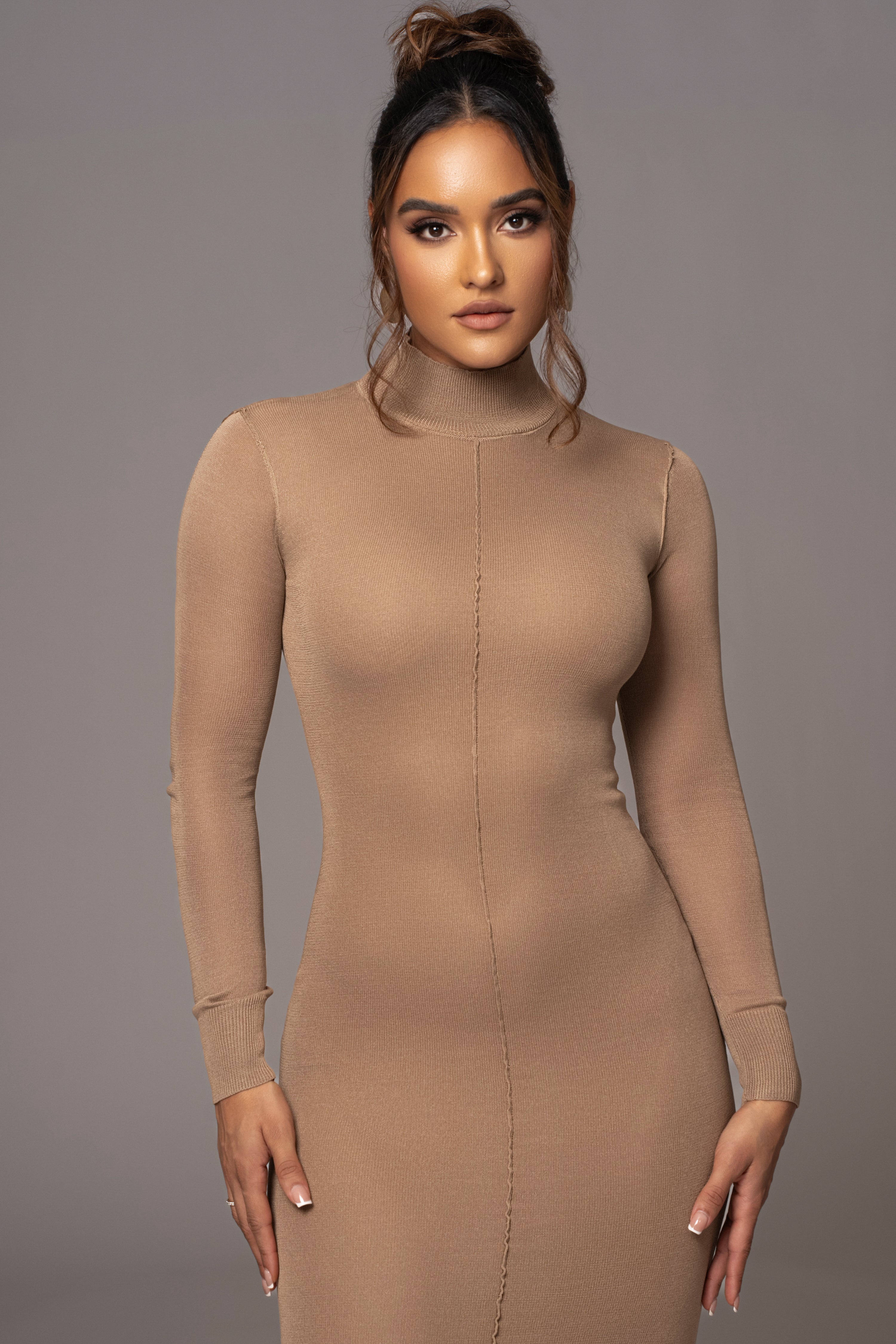 Camel Fame Mock Neck Maxi Dress