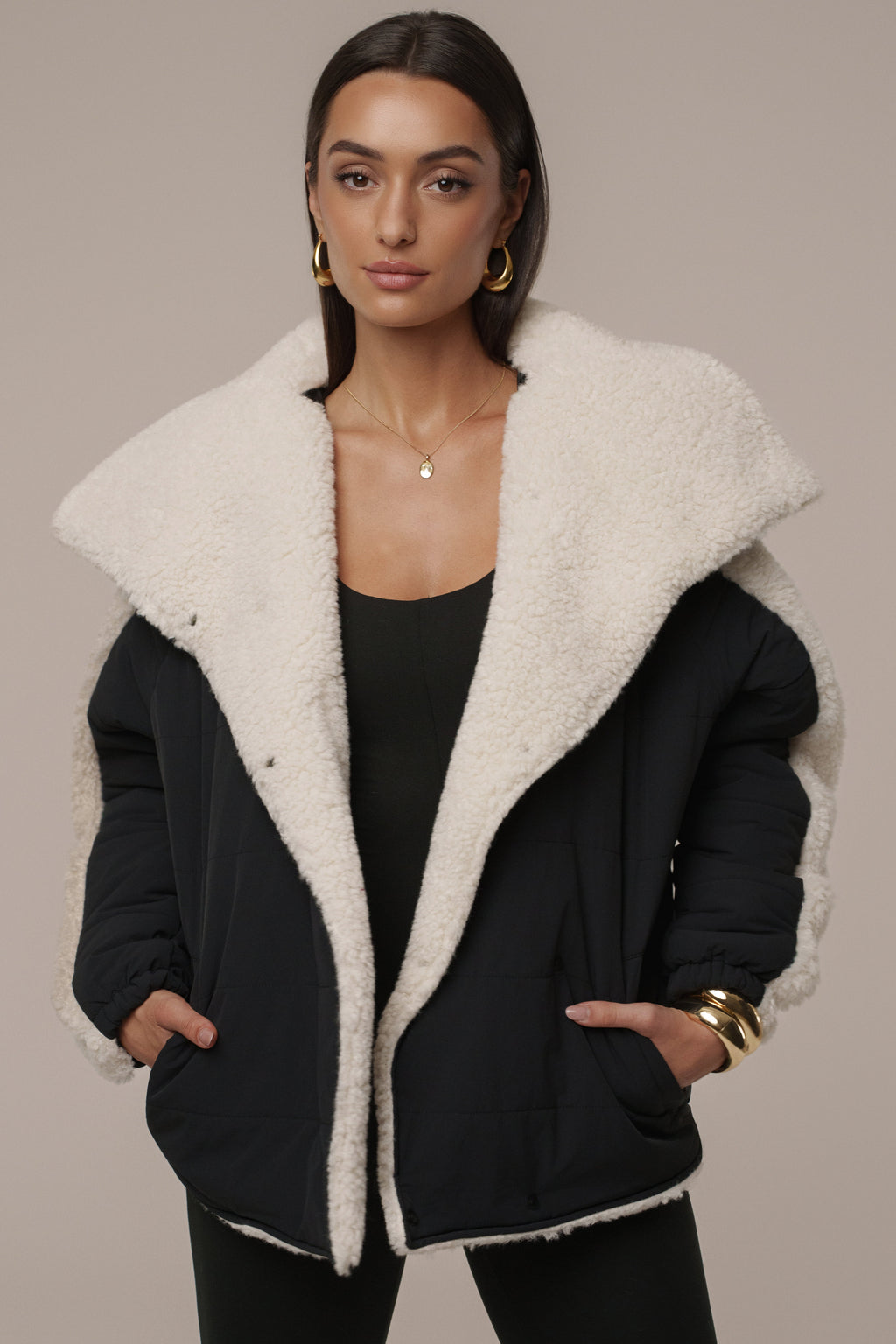 Black/Ivory Contrast Sherpa Jacket