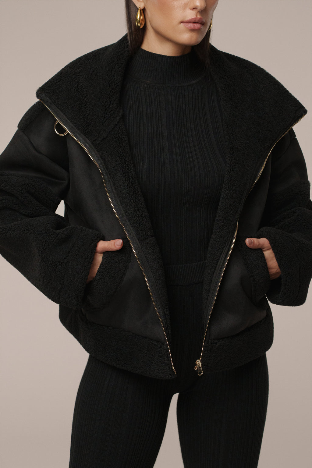 Black Suede And Sherpa Jacket