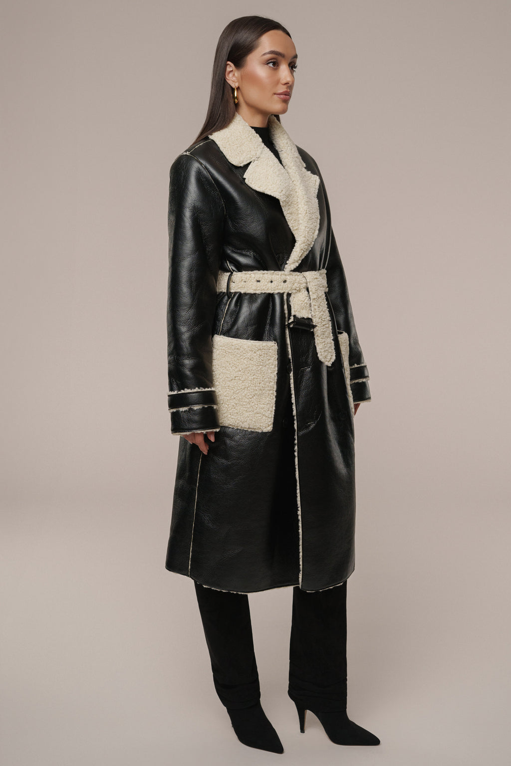 Black/Ivory Sherpa And Faux Leather Coat