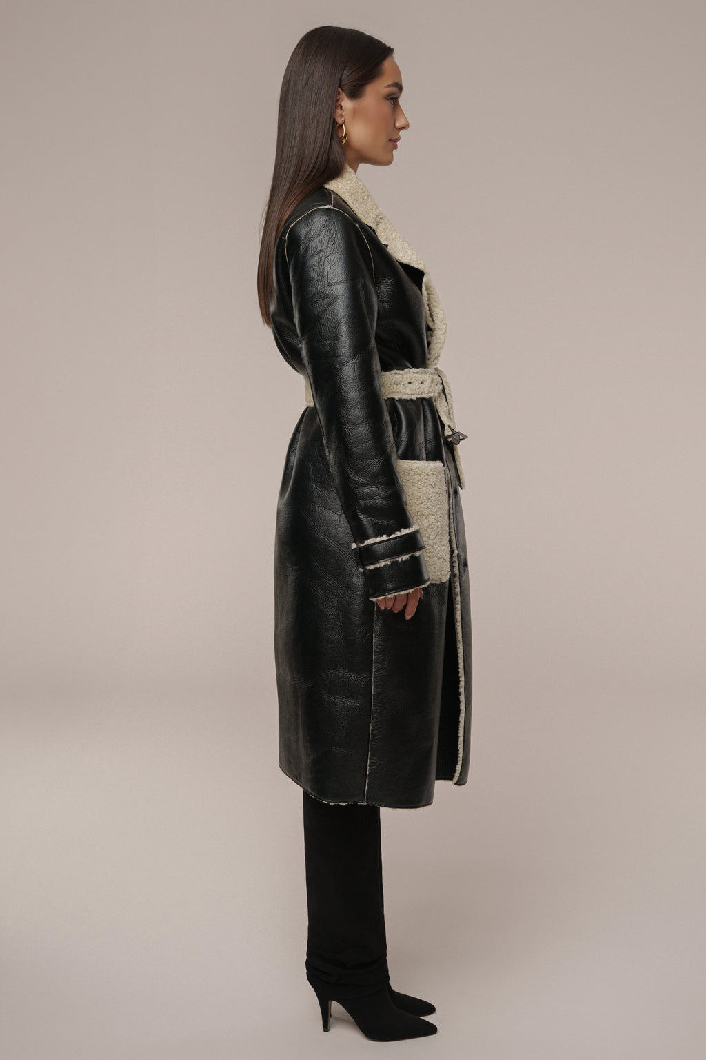 Black/Ivory Sherpa And Faux Leather Coat