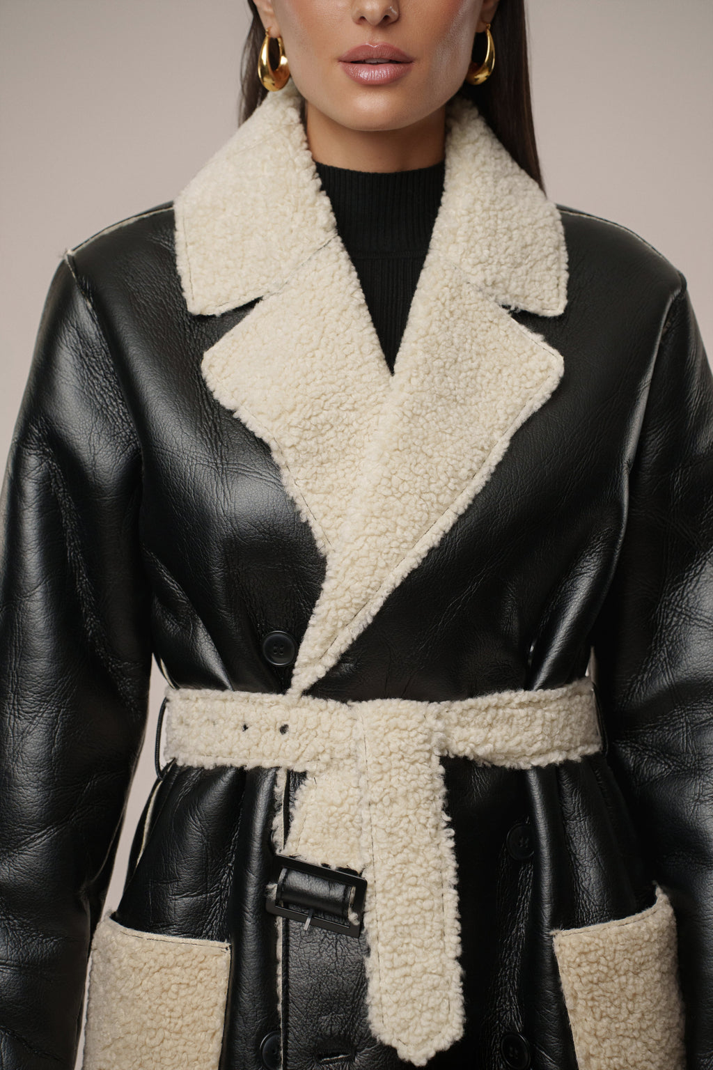 Black/Ivory Sherpa And Faux Leather Coat
