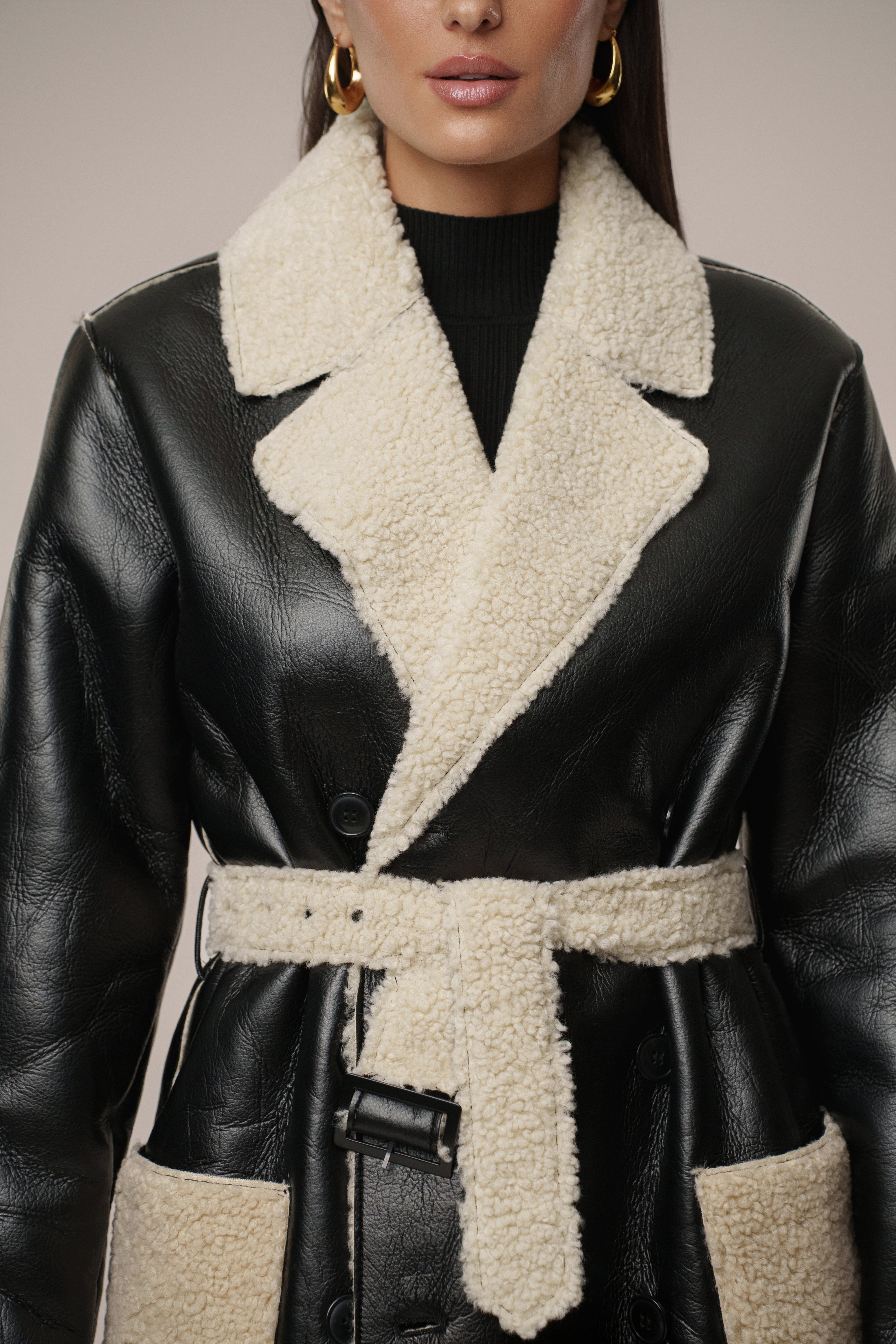 Black/Ivory Sherpa And Faux Leather Coat