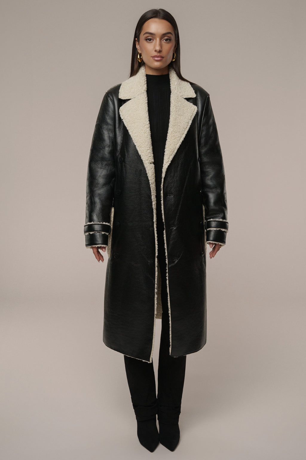 Black/Ivory Sherpa And Faux Leather Coat