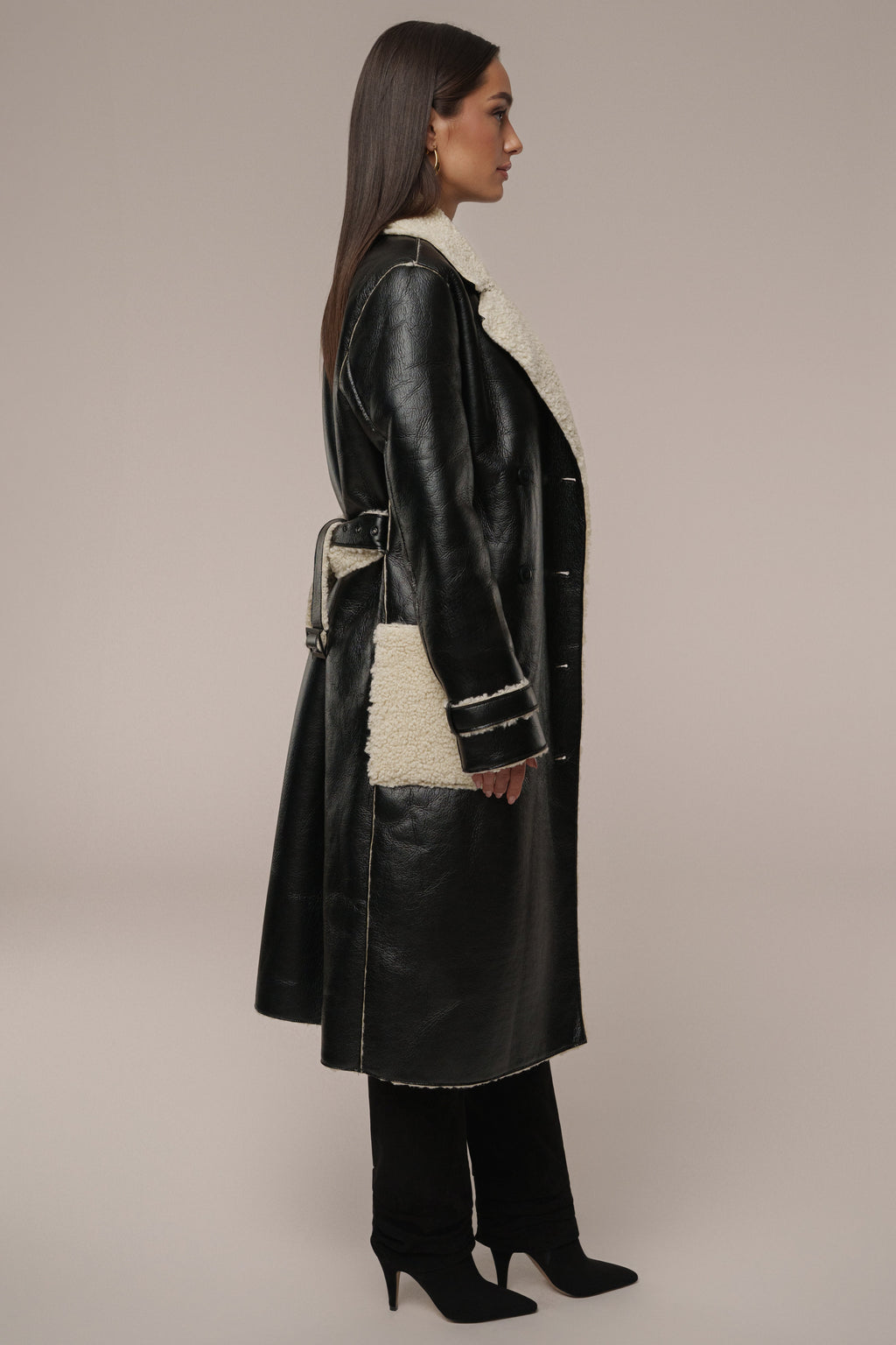 Black/Ivory Sherpa And Faux Leather Coat