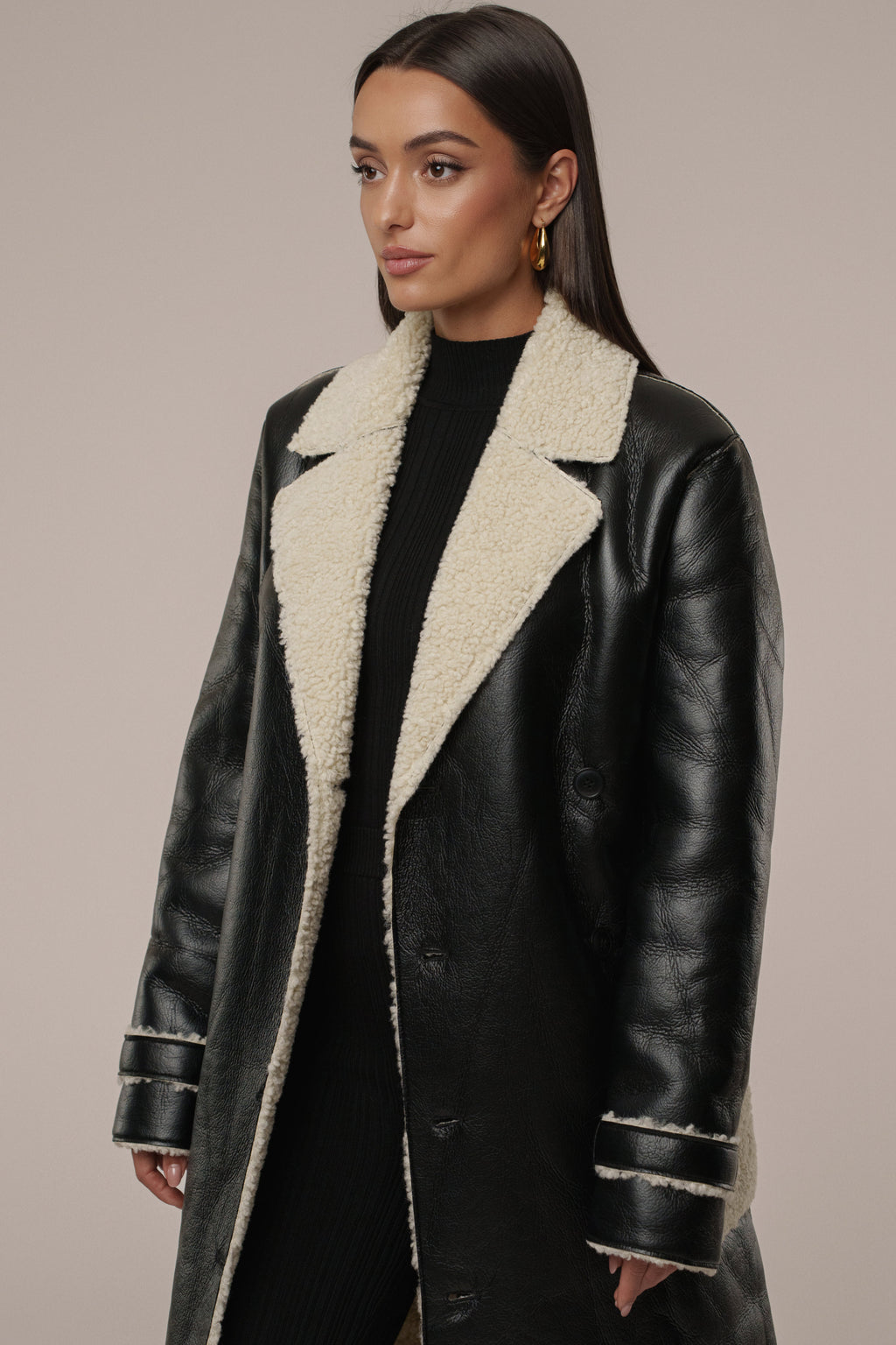 Black/Ivory Sherpa And Faux Leather Coat