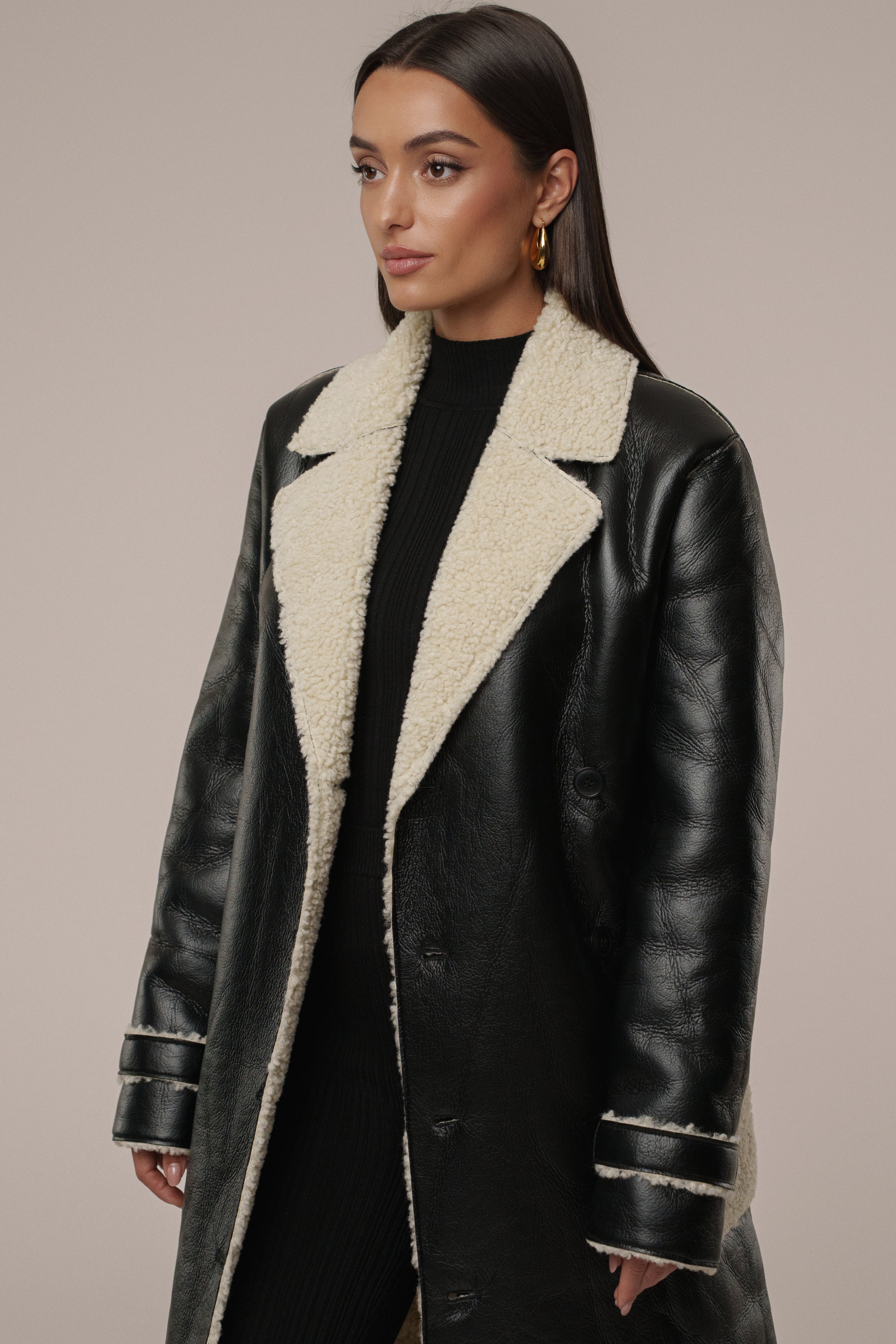Black/Ivory Sherpa And Faux Leather Coat