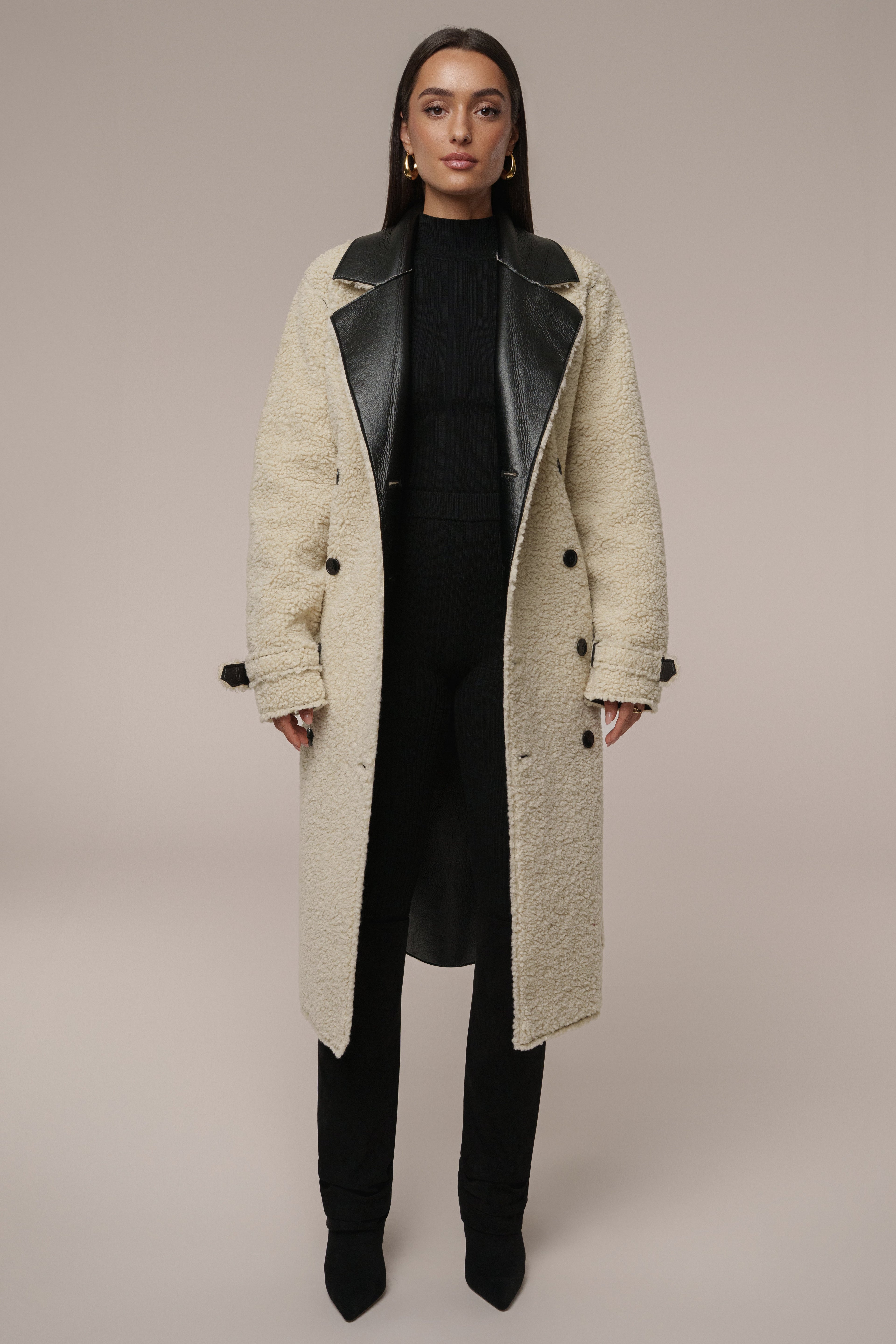Black/Ivory Sherpa And Faux Leather Coat