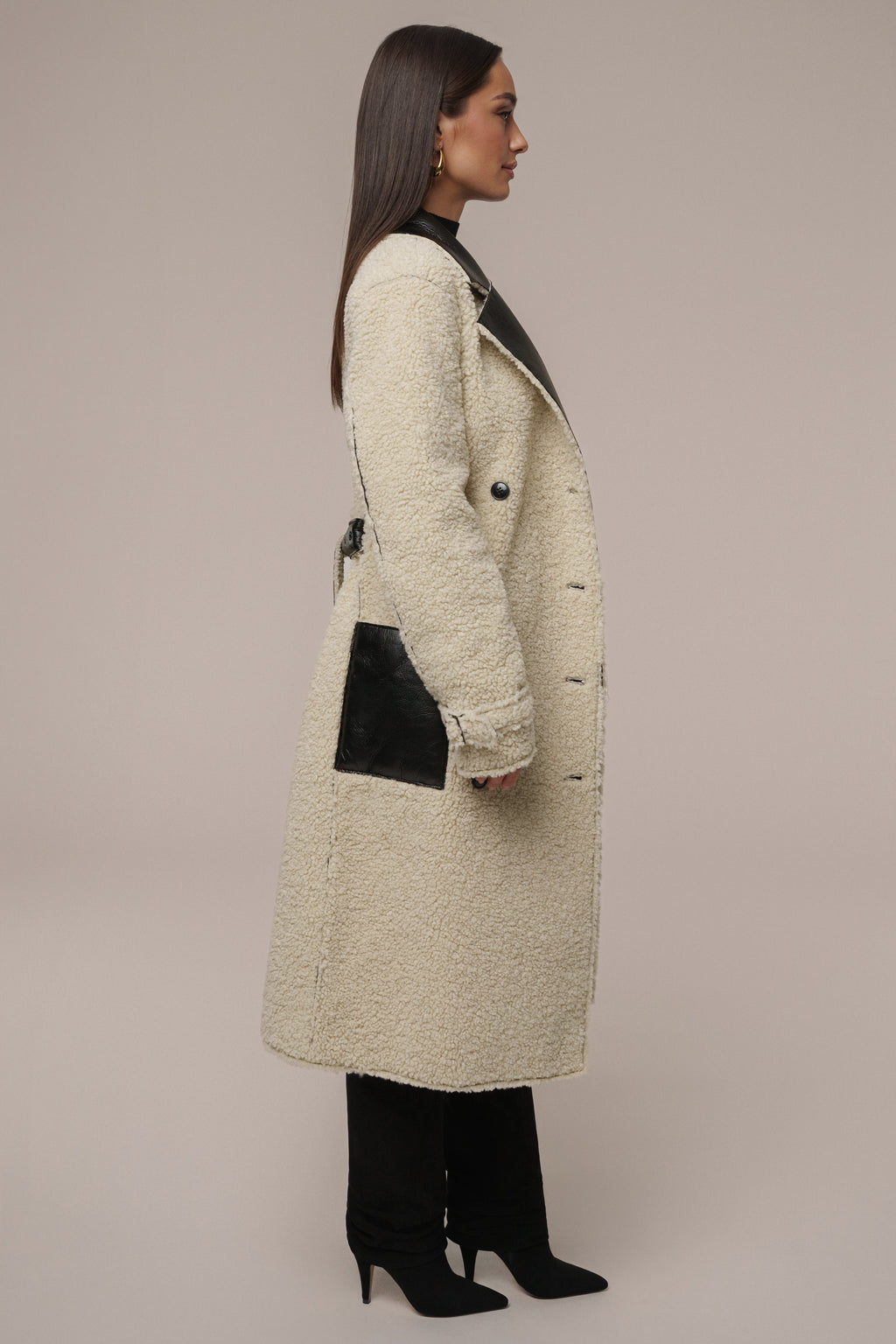 Black/Ivory Sherpa And Faux Leather Coat