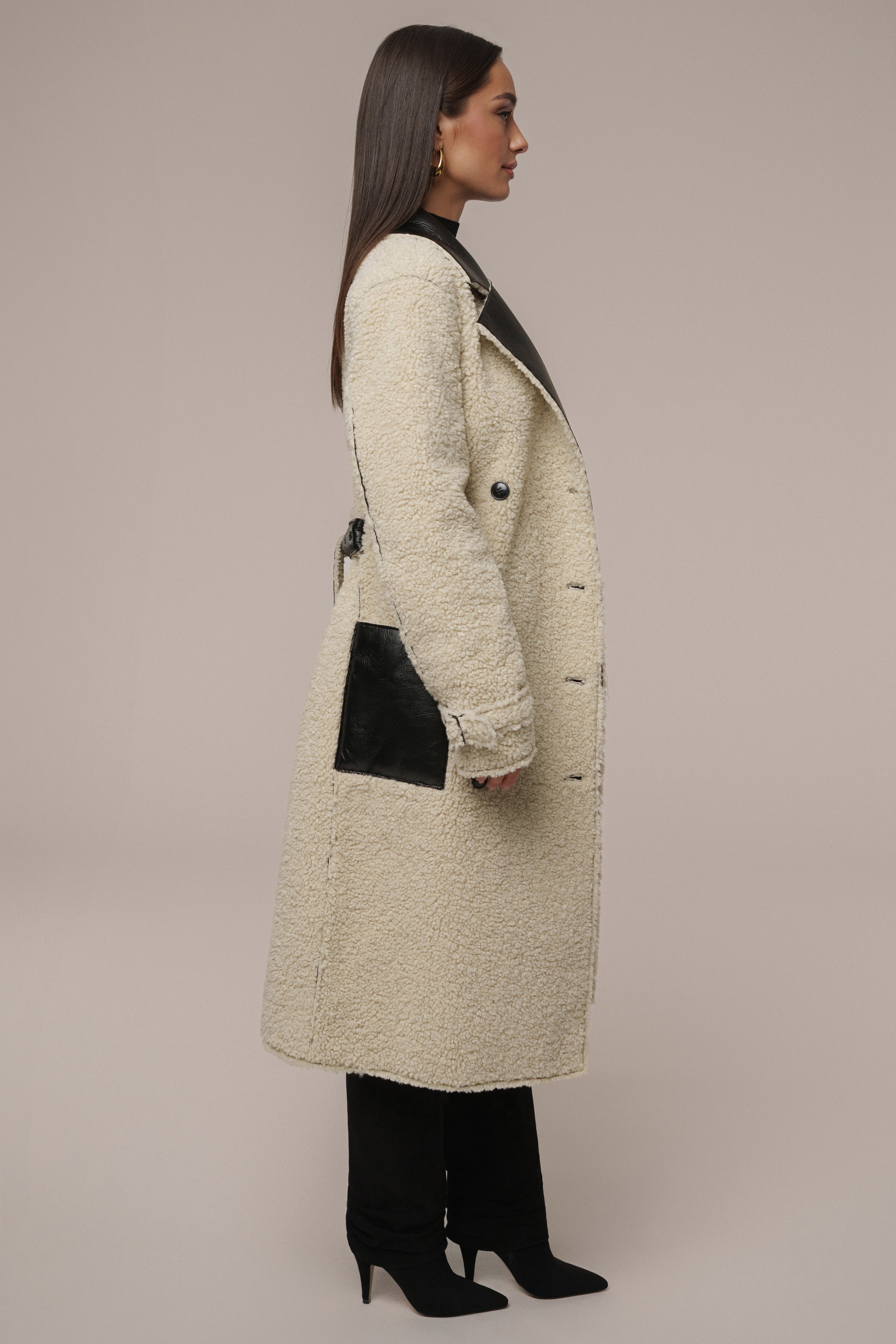 Black/Ivory Sherpa And Faux Leather Coat