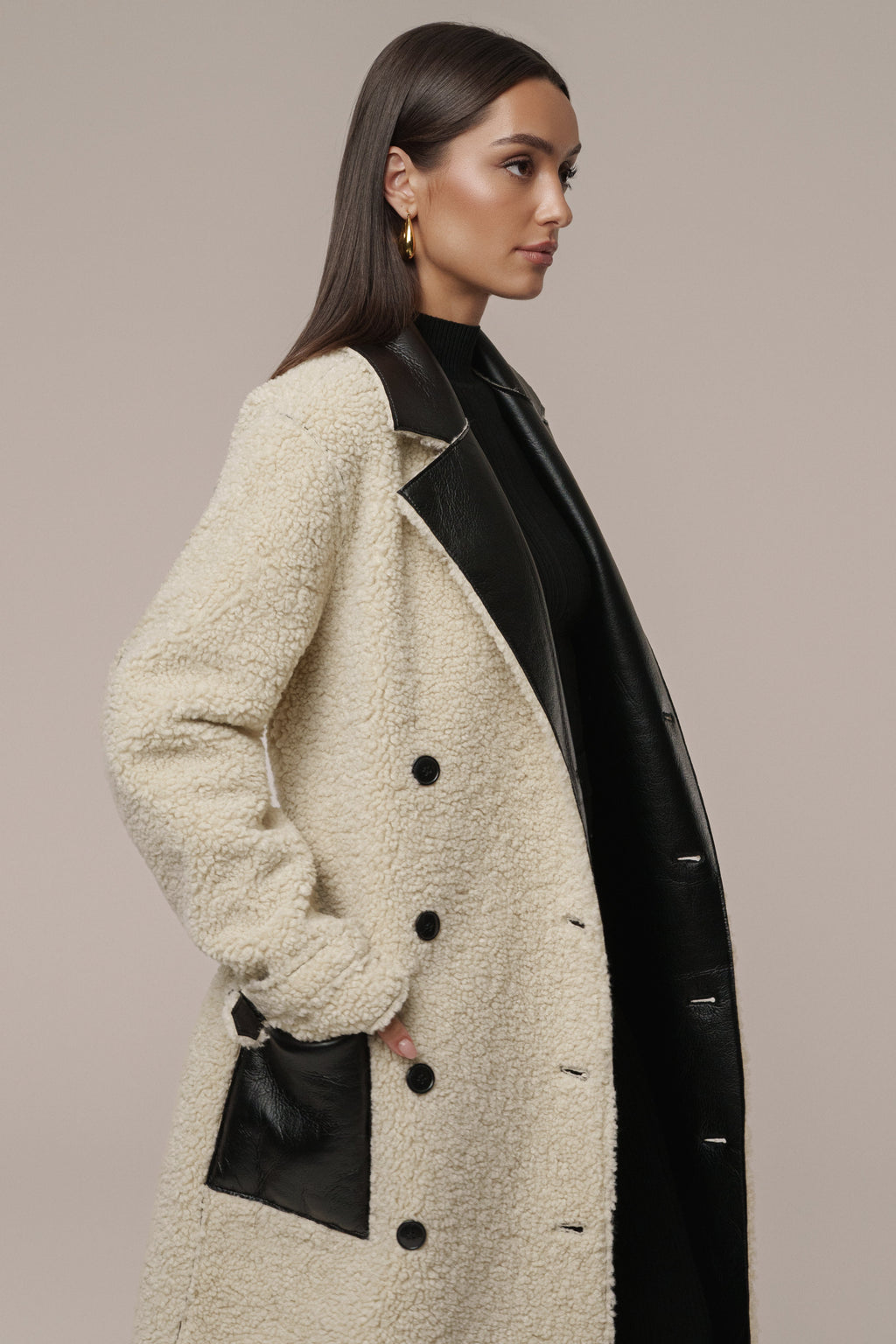 Black/Ivory Sherpa And Faux Leather Coat