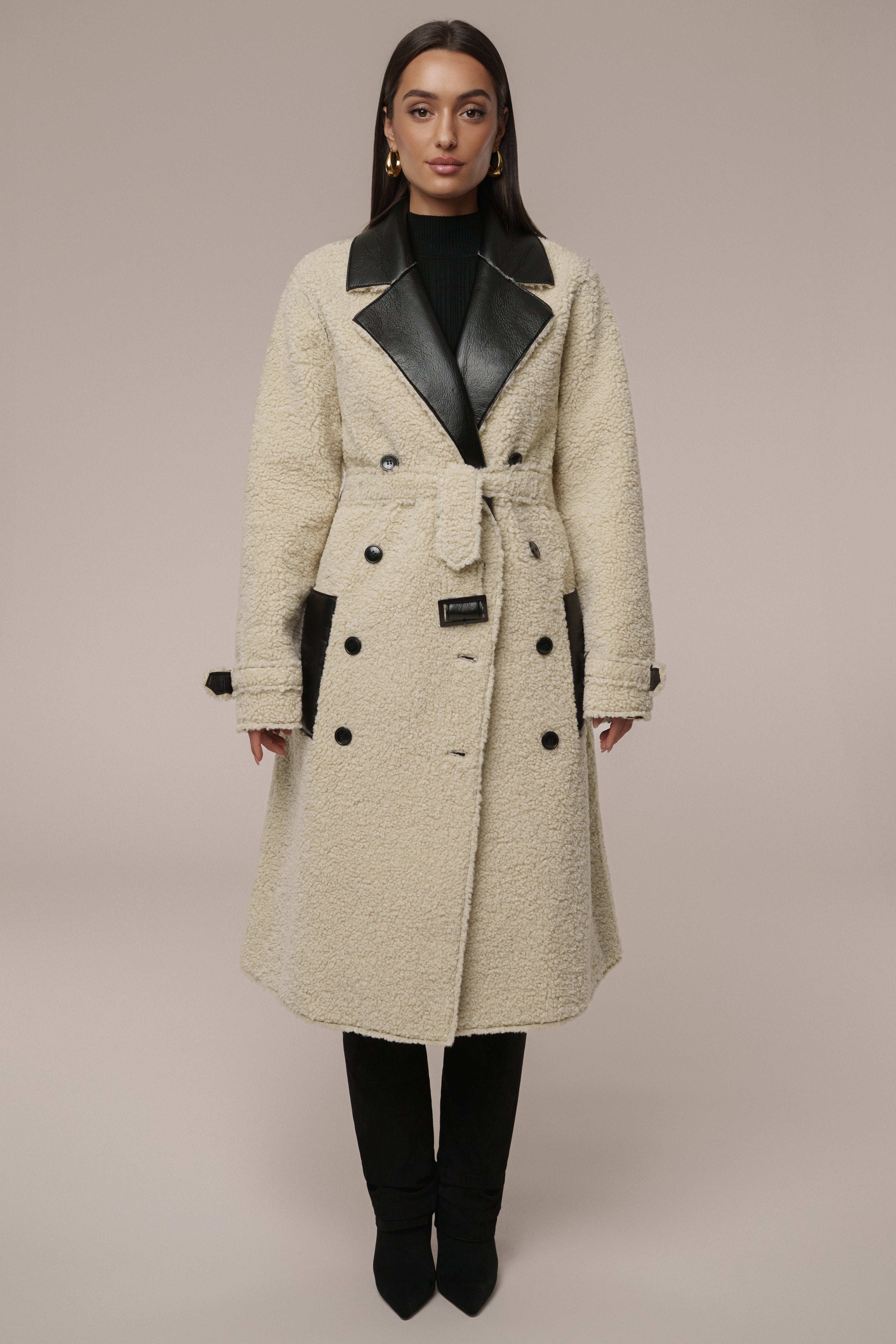 Black/Ivory Sherpa And Faux Leather Coat