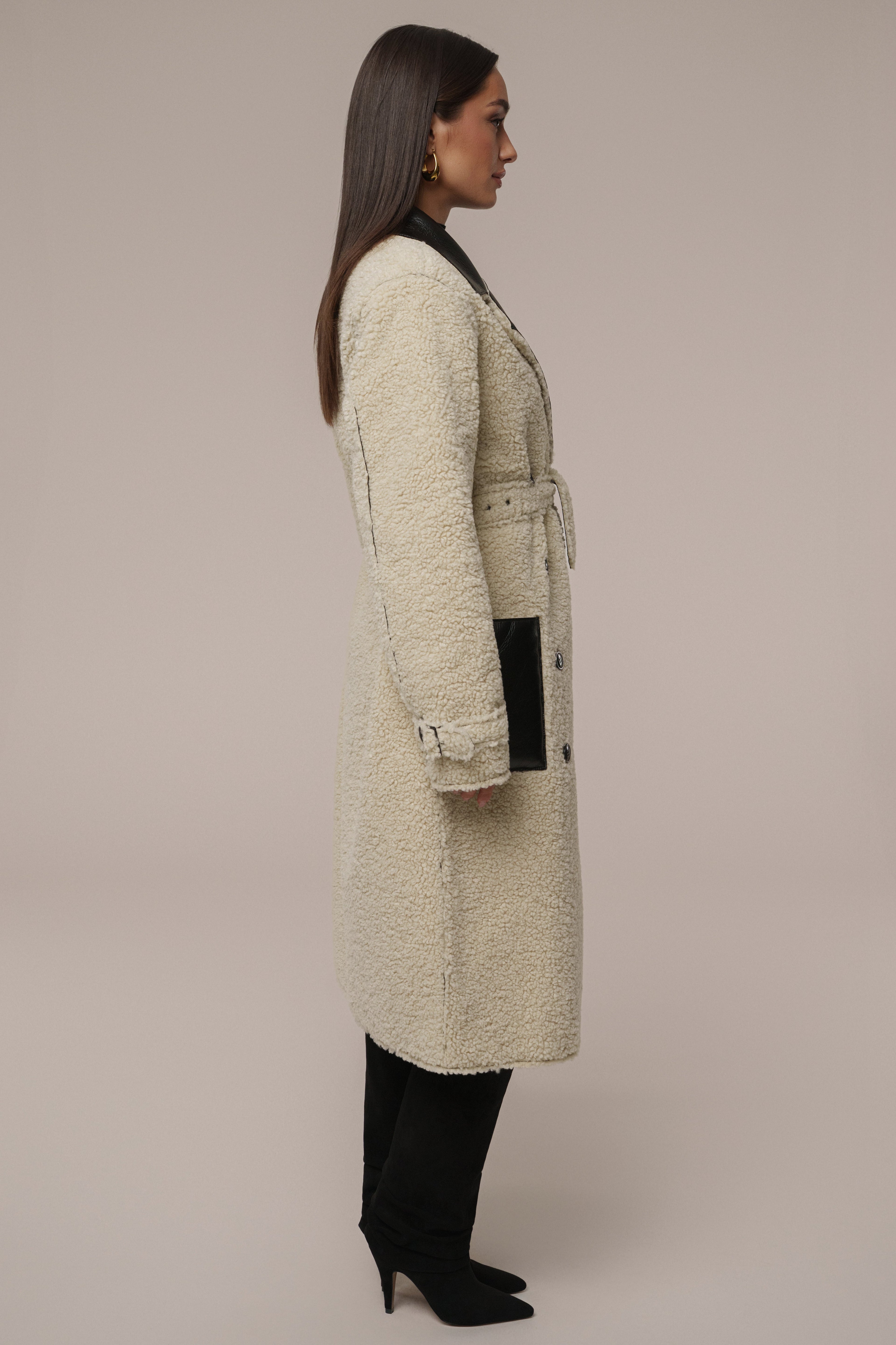 Black/Ivory Sherpa And Faux Leather Coat