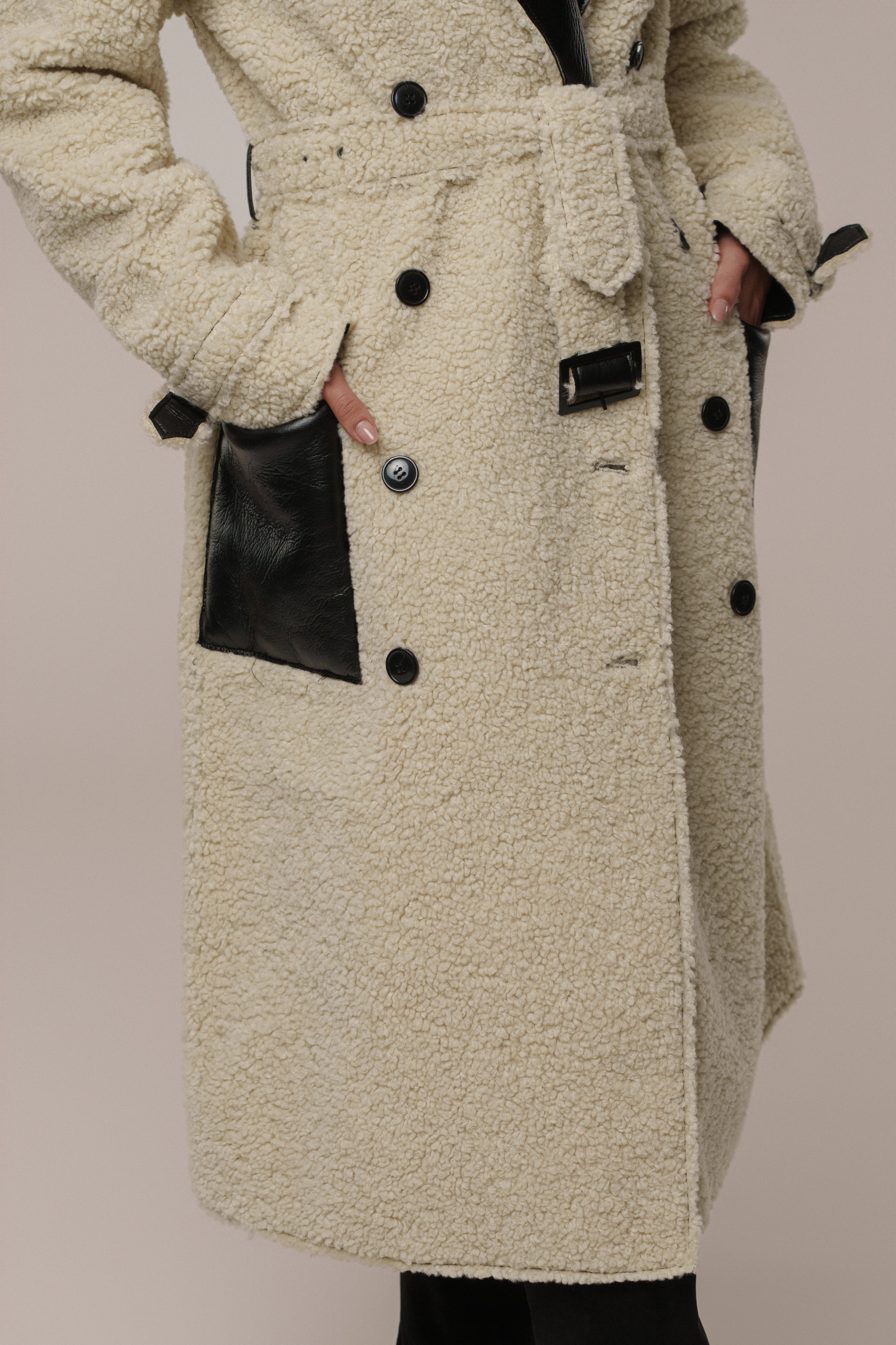 Black/Ivory Sherpa And Faux Leather Coat