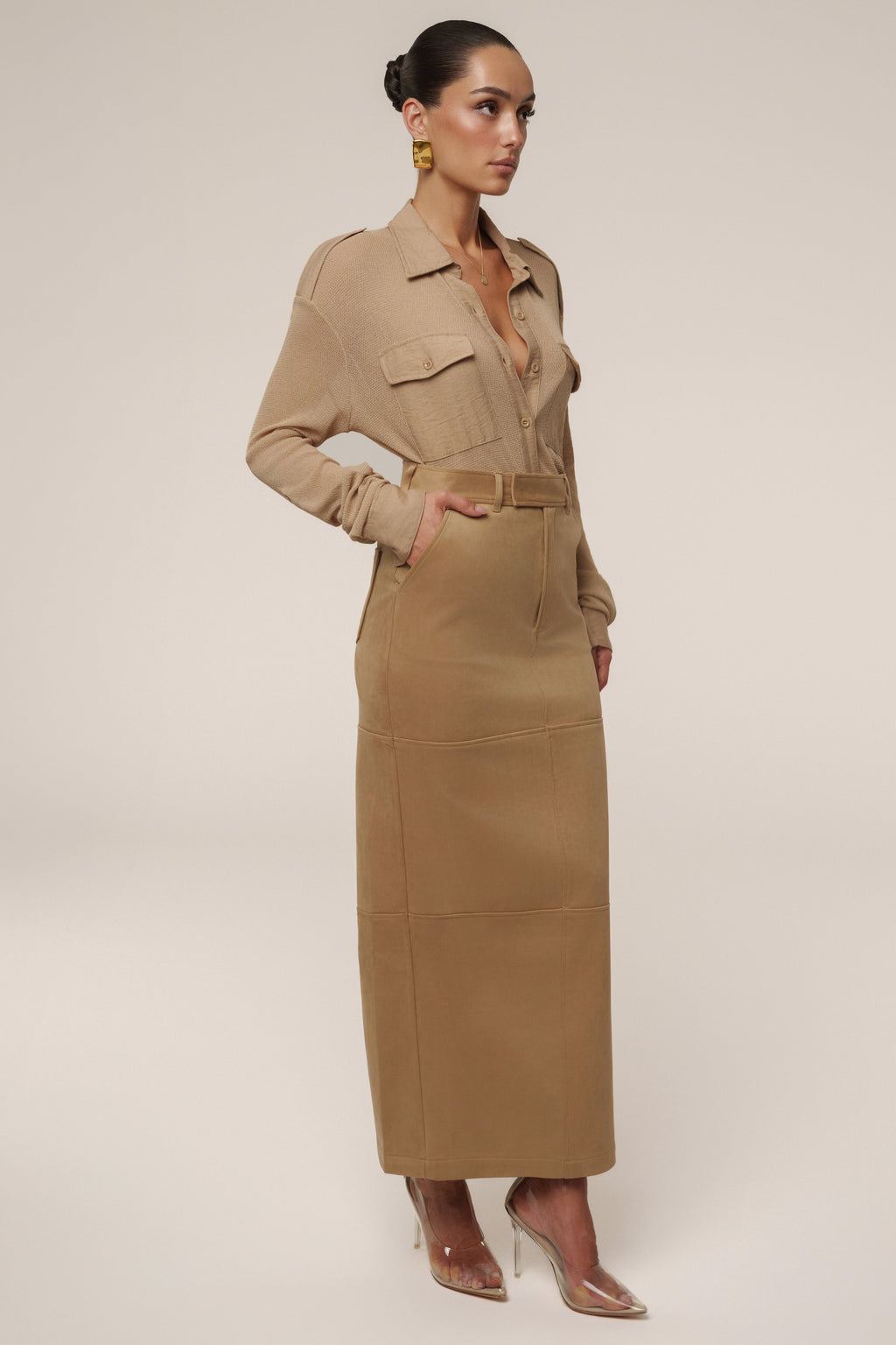 Beige Joy Suede Maxi Skirt