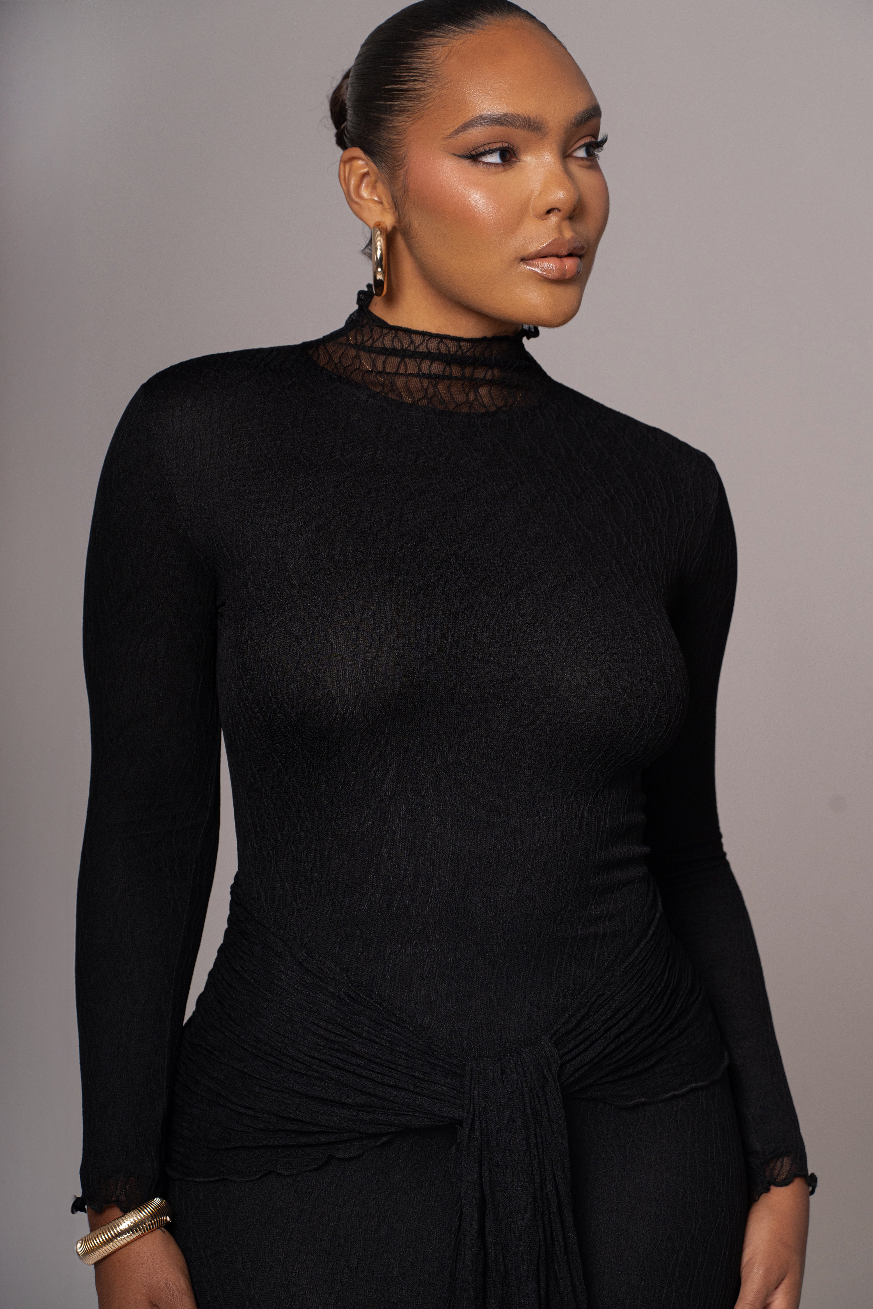 Black Drape Mock Neck Dress