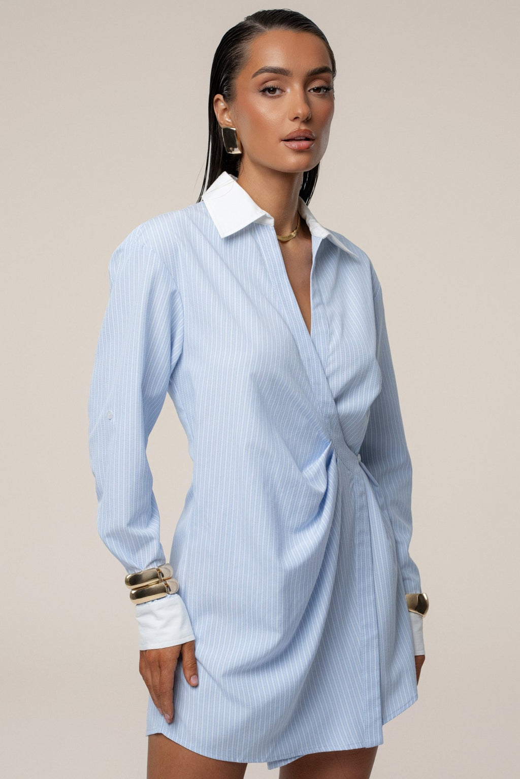 Blue Collared Wrap Shirt Dress