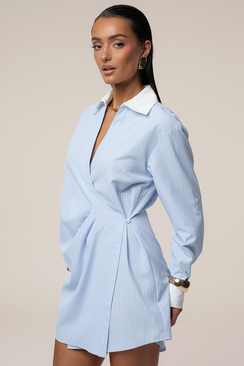 Blue Collared Wrap Shirt Dress