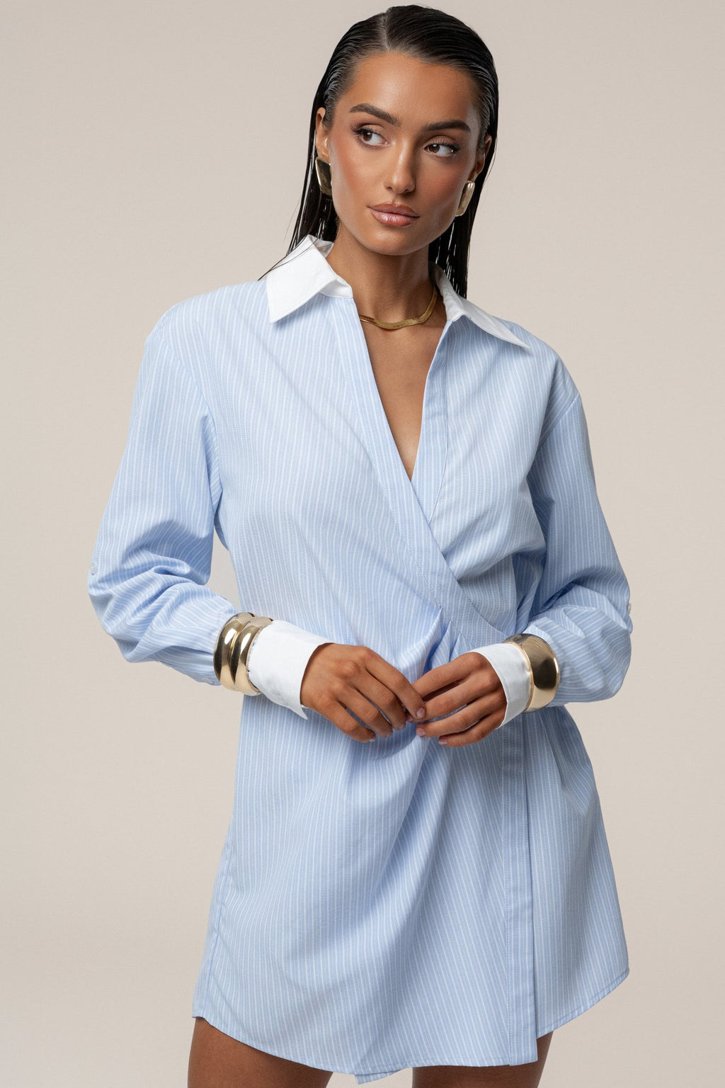 Blue Collared Wrap Shirt Dress
