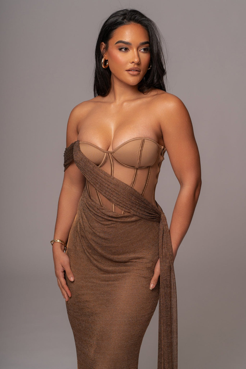 Bronze Metallic Corset Maxi Dress