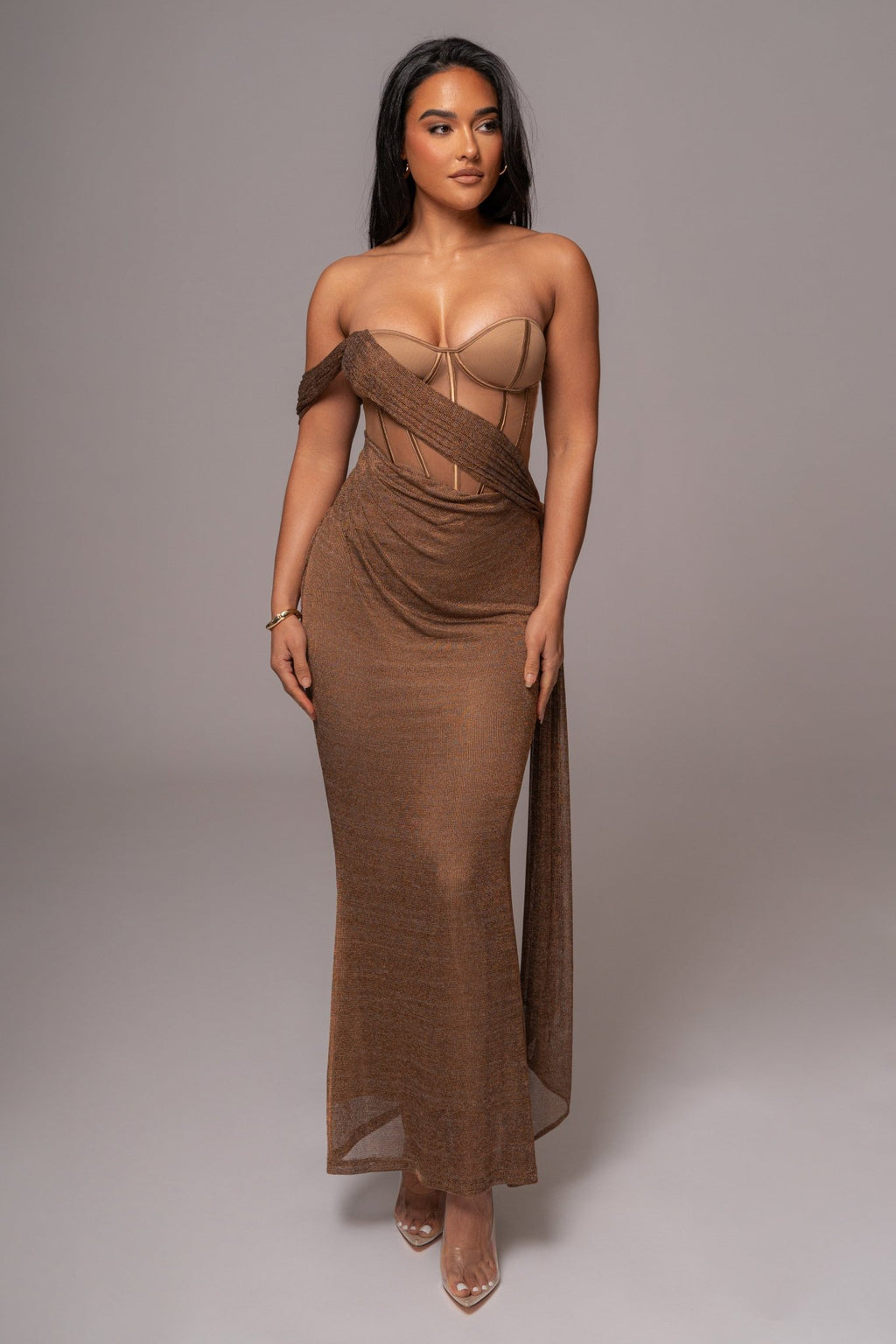 Bronze Metallic Corset Maxi Dress